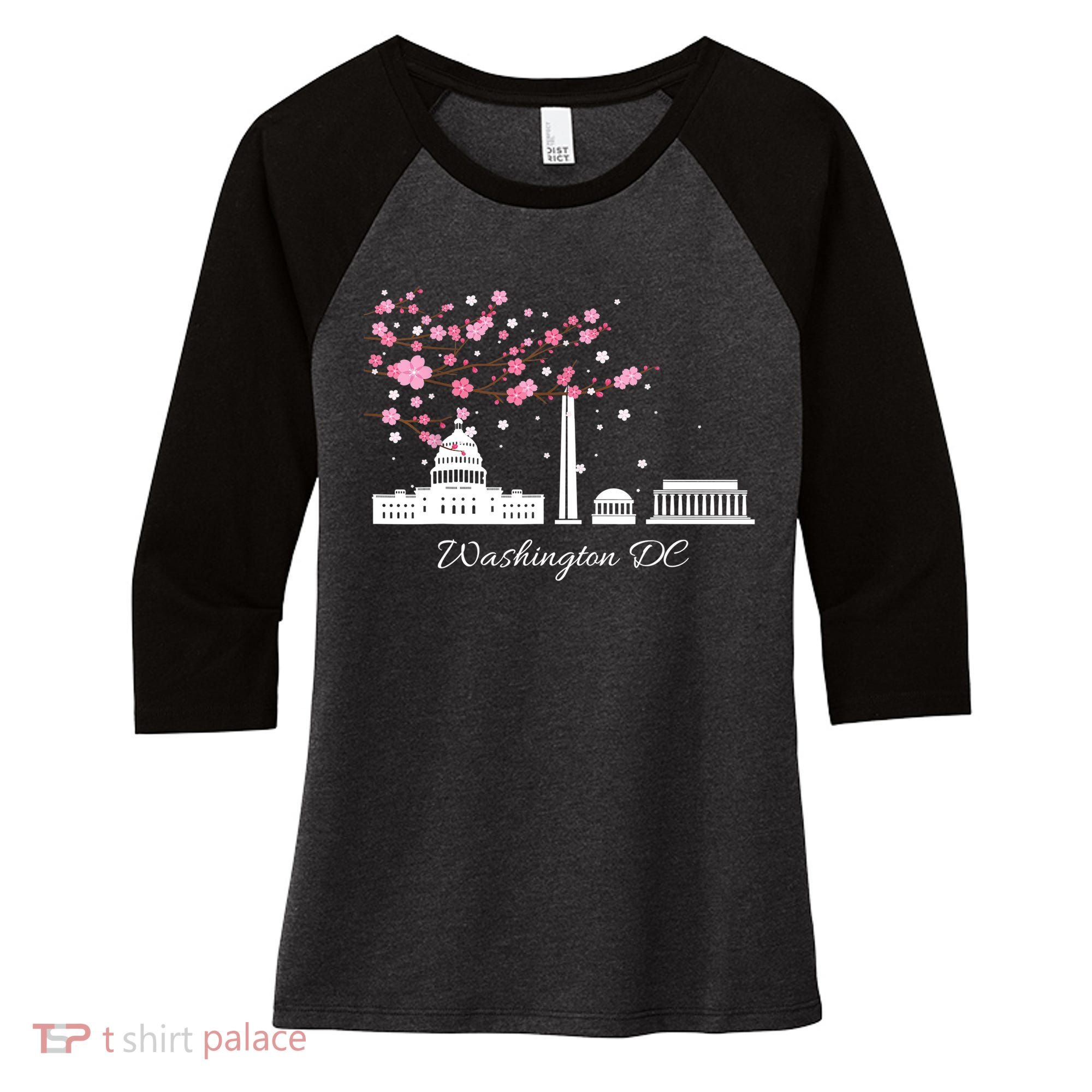 Washington DC Cherry Blossoms Monuments Memorials TShirt Women's Tri-Blend 3/4-Sleeve Raglan Shirt