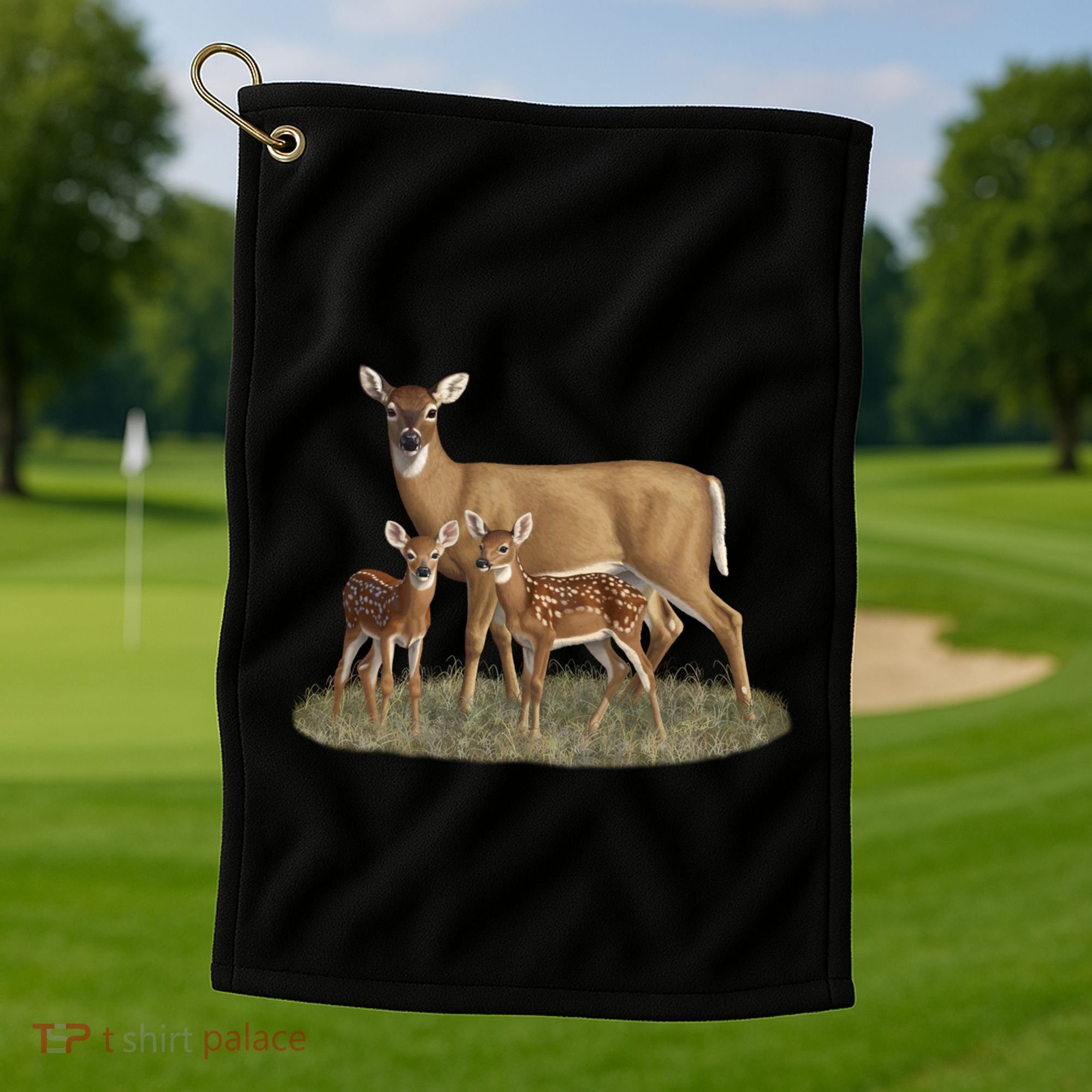 Whitetail Deer Doe And Cute Twin Fawns Wildlife Art Meaningful Gift Golf Towel