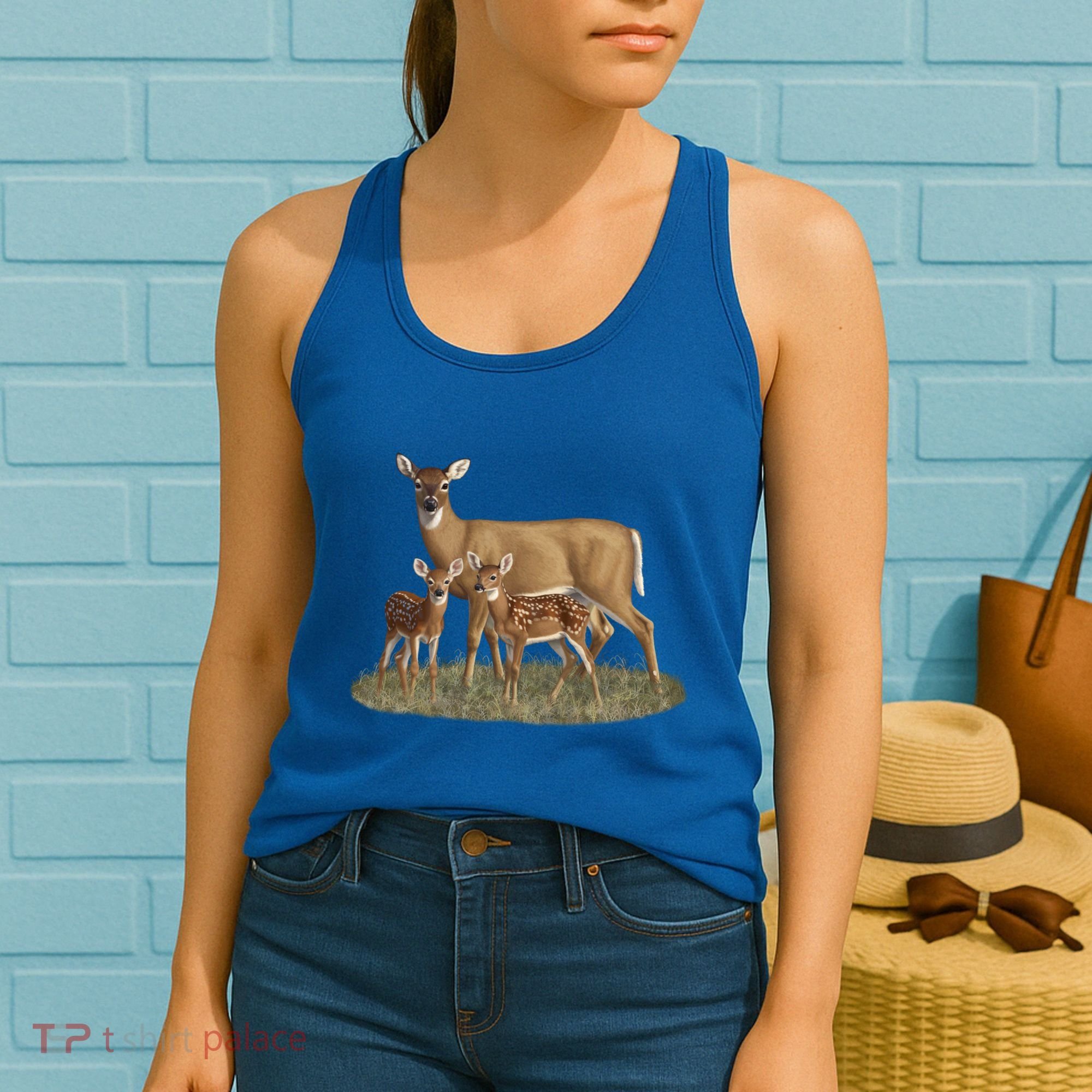 Whitetail Deer Doe And Cute Twin Fawns Wildlife Art Meaningful Gift Women's Tank Top