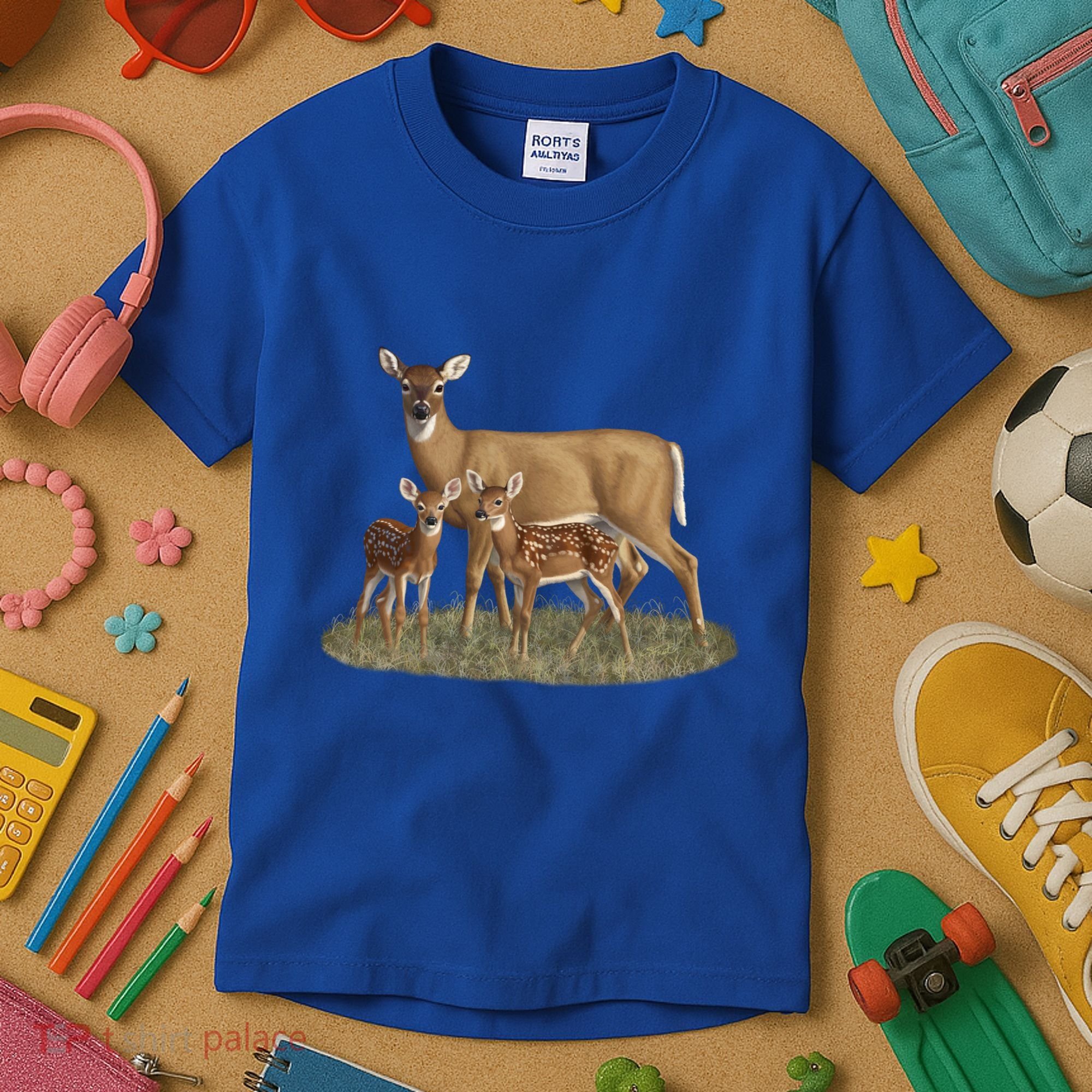 Whitetail Deer Doe And Cute Twin Fawns Wildlife Art Meaningful Gift Kids T-Shirt