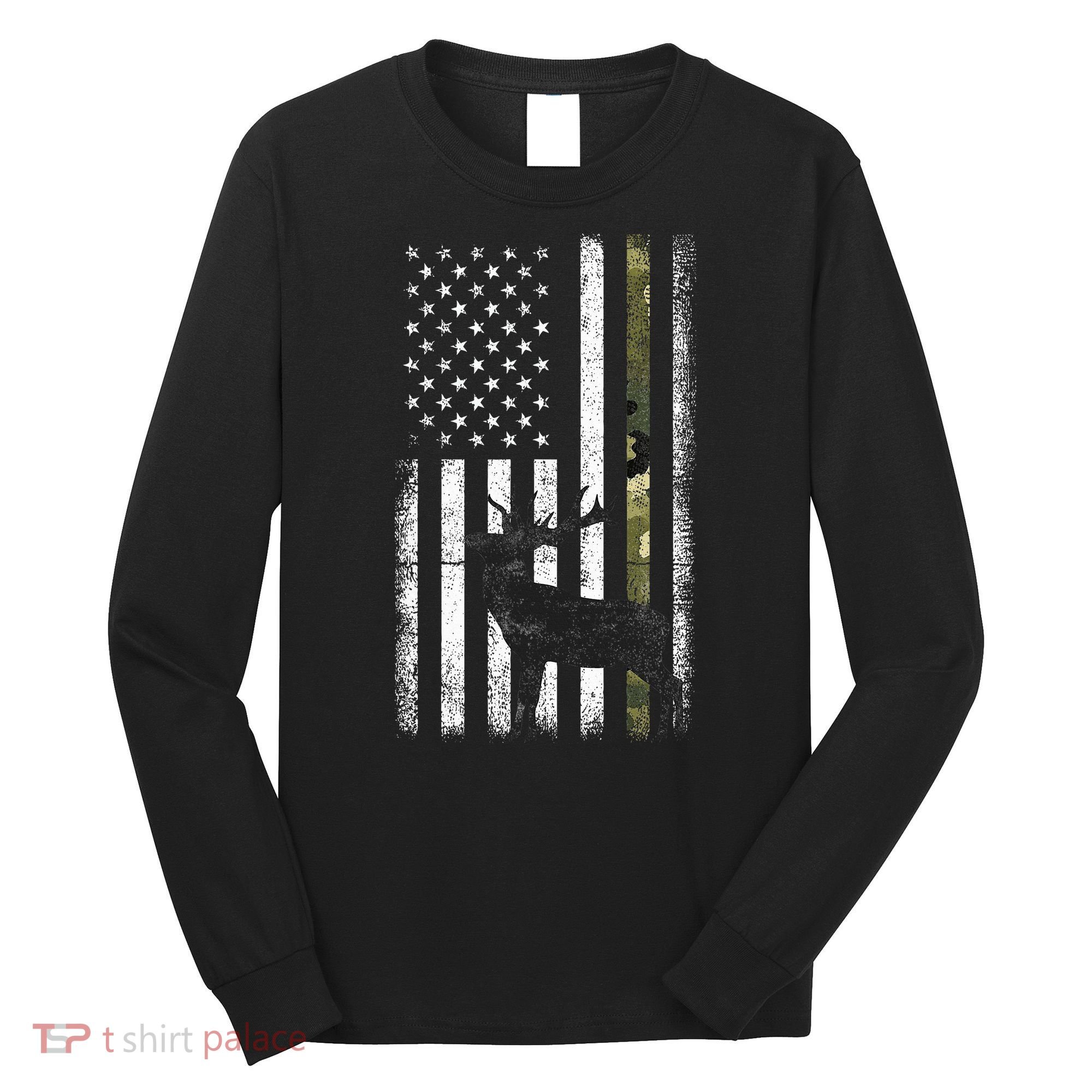 Whitetail Deer Hunting Hunter Elk Buck Camo American Flag  Long Sleeve Shirt