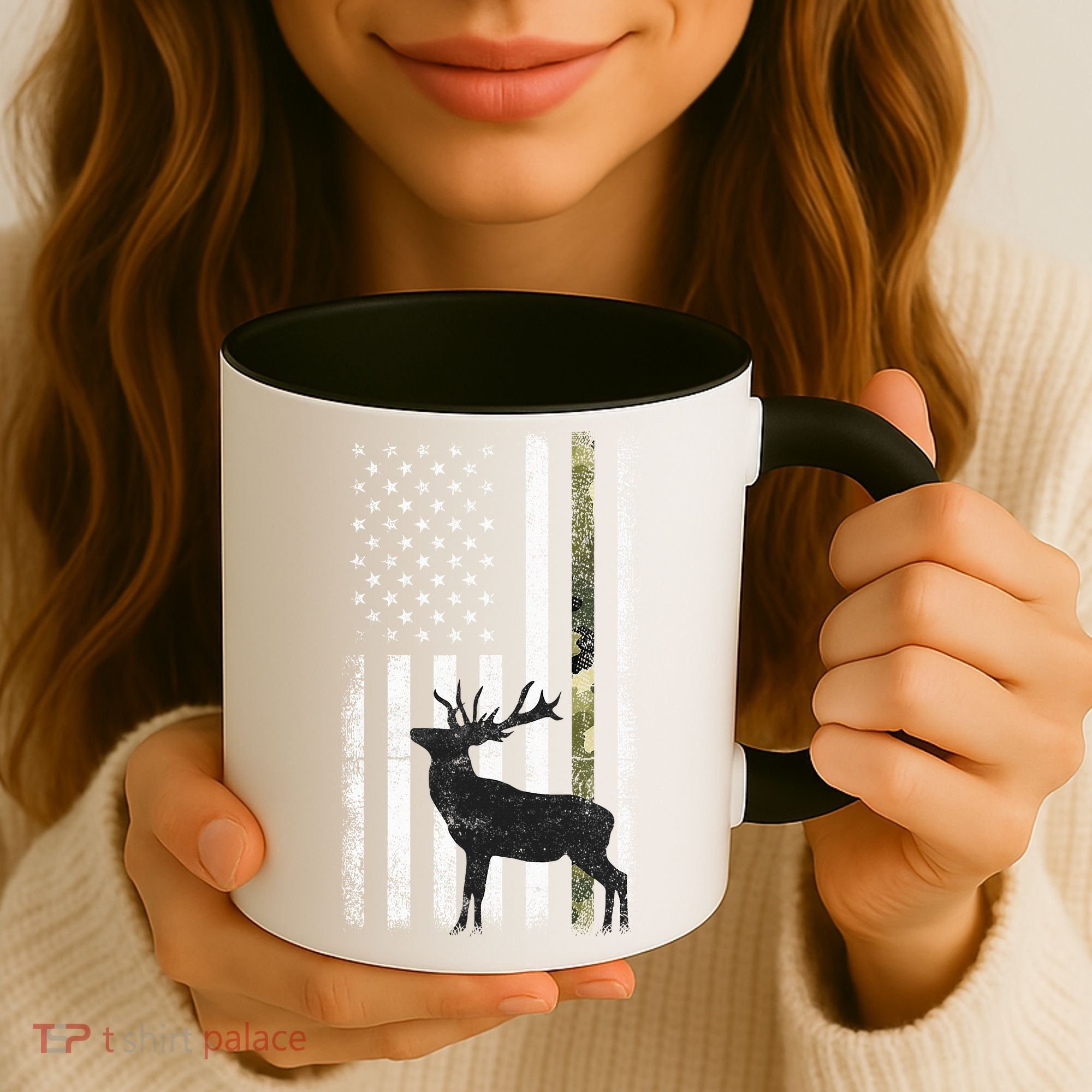 Whitetail Deer Hunting Hunter Elk Buck Camo American Flag  Coffee Mug