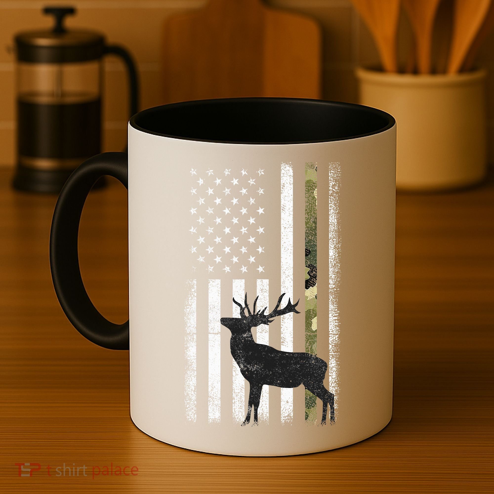 Whitetail Deer Hunting Hunter Elk Buck Camo American Flag  Coffee Mug