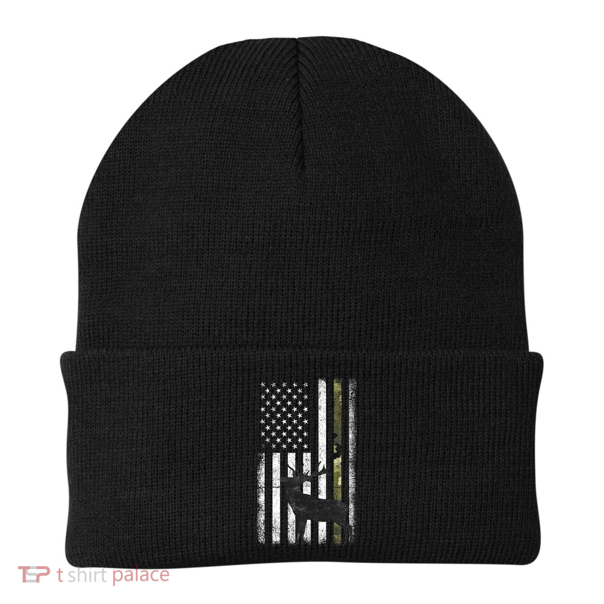 Whitetail Deer Hunting Hunter Elk Buck Camo American Flag  Beanie