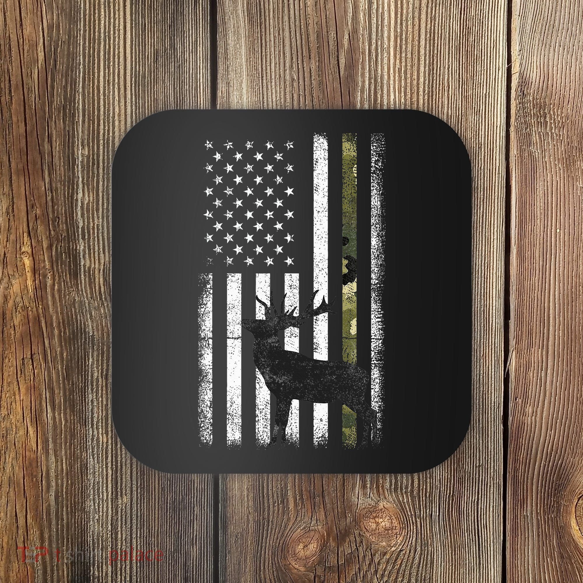 Whitetail Deer Hunting Hunter Elk Buck Camo American Flag  Coaster