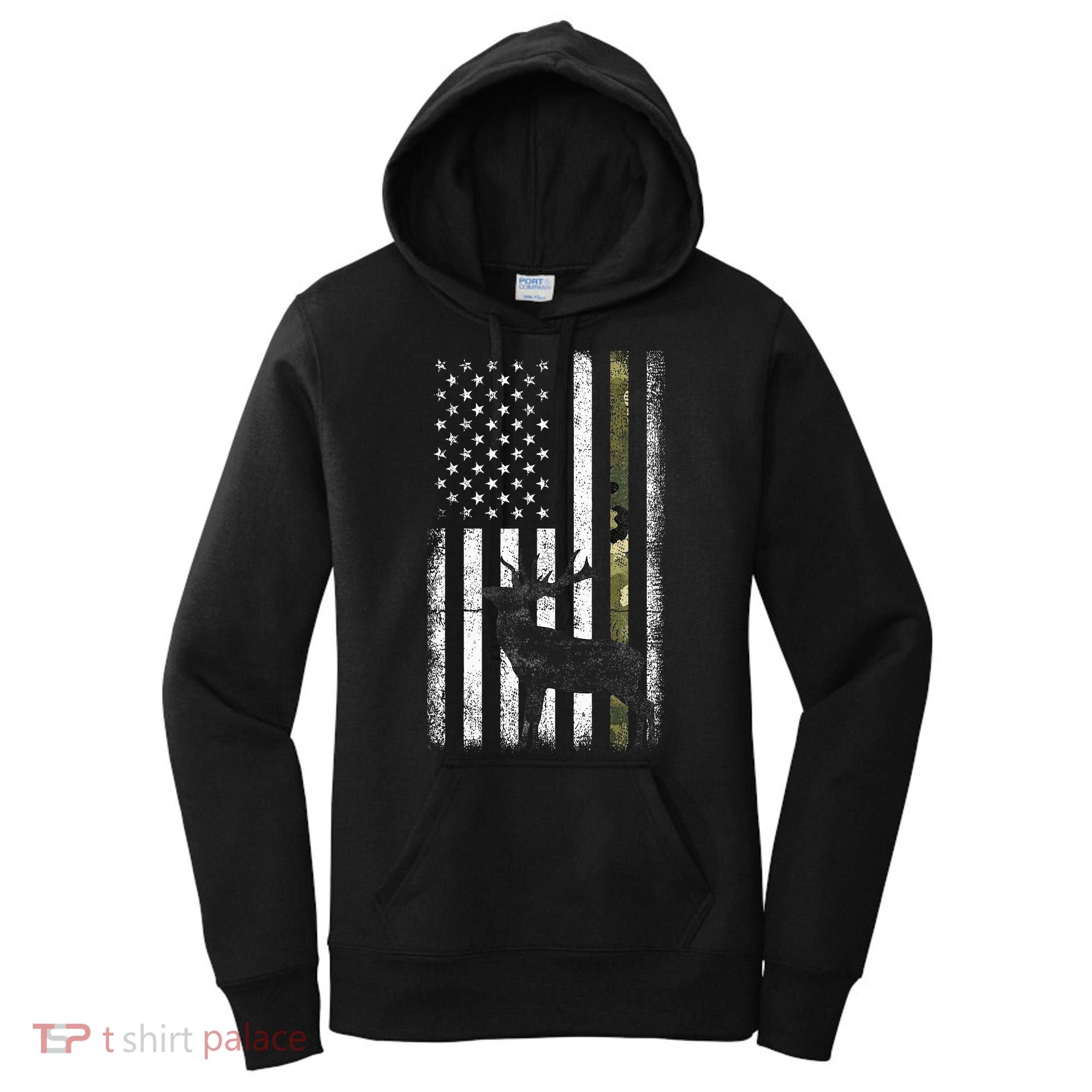 Whitetail Deer Hunting Hunter Elk Buck Camo American Flag  Women's Hoodie