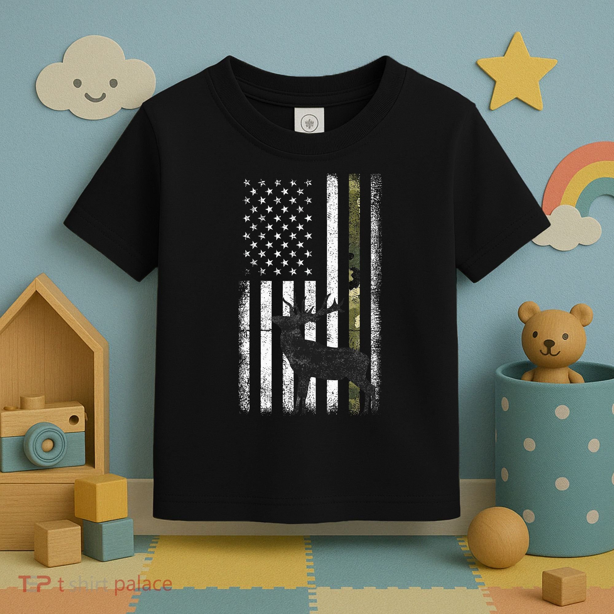 Whitetail Deer Hunting Hunter Elk Buck Camo American Flag  Toddler T-Shirt