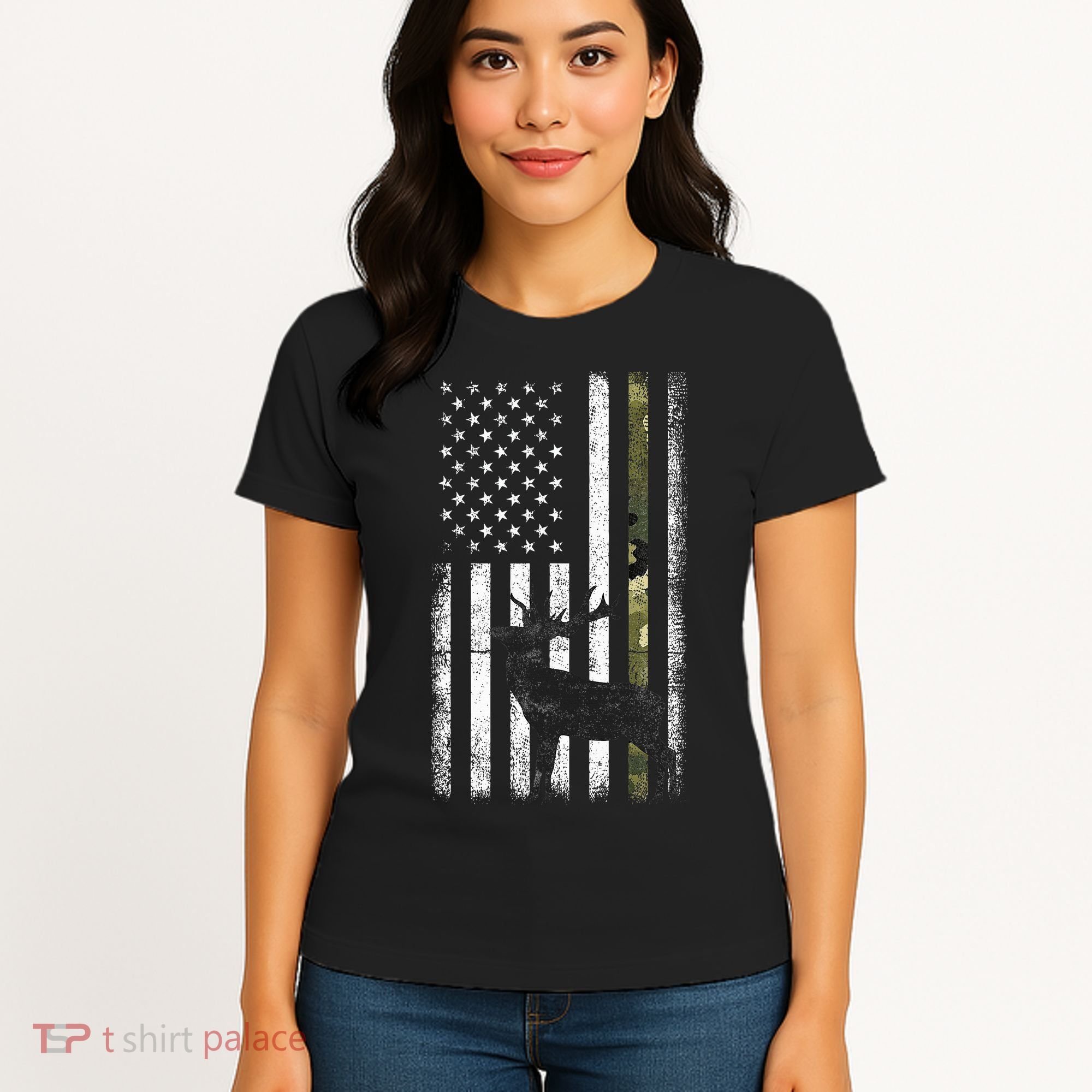 Whitetail Deer Hunting Hunter Elk Buck Camo American Flag  Women's T-Shirt