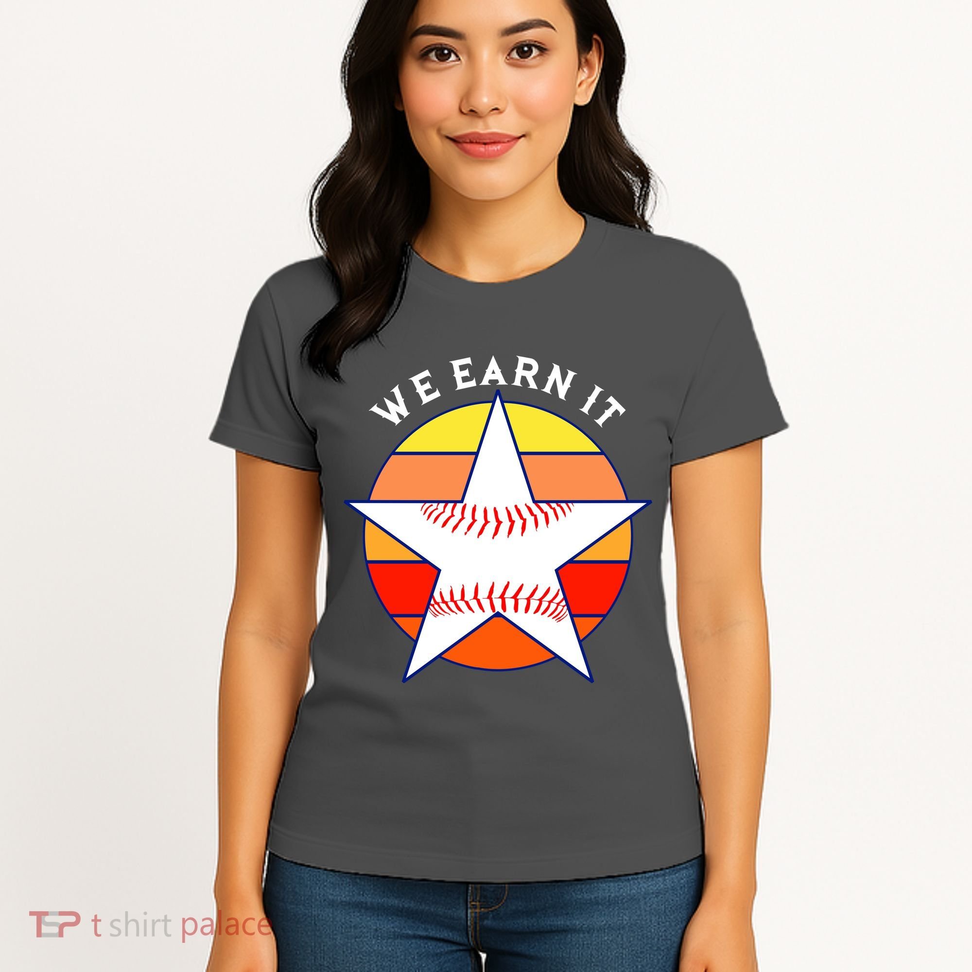 We Earn It Houston Throwback Baseball Star Women's T-Shirt