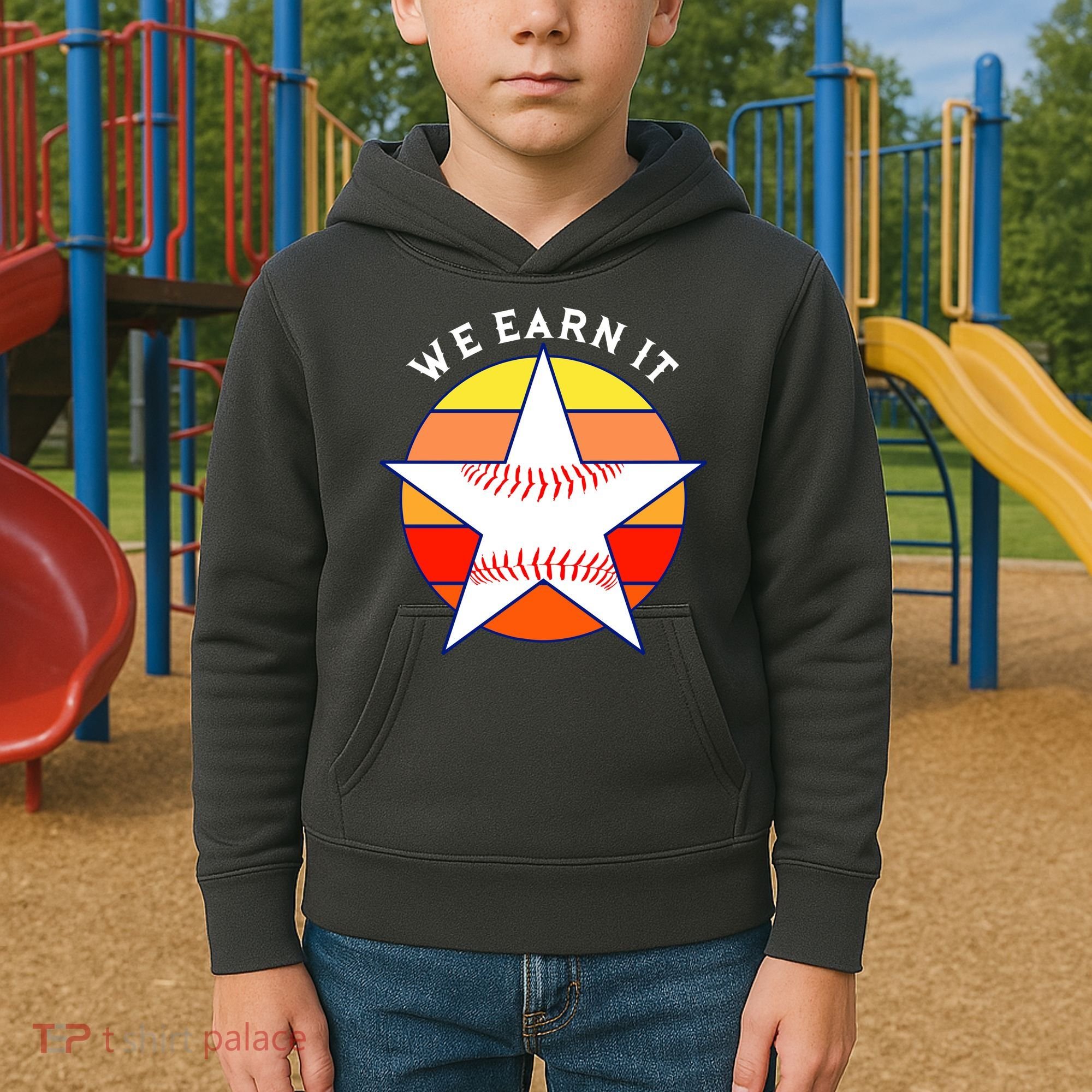 We Earn It Houston Throwback Baseball Star Kids Hoodie
