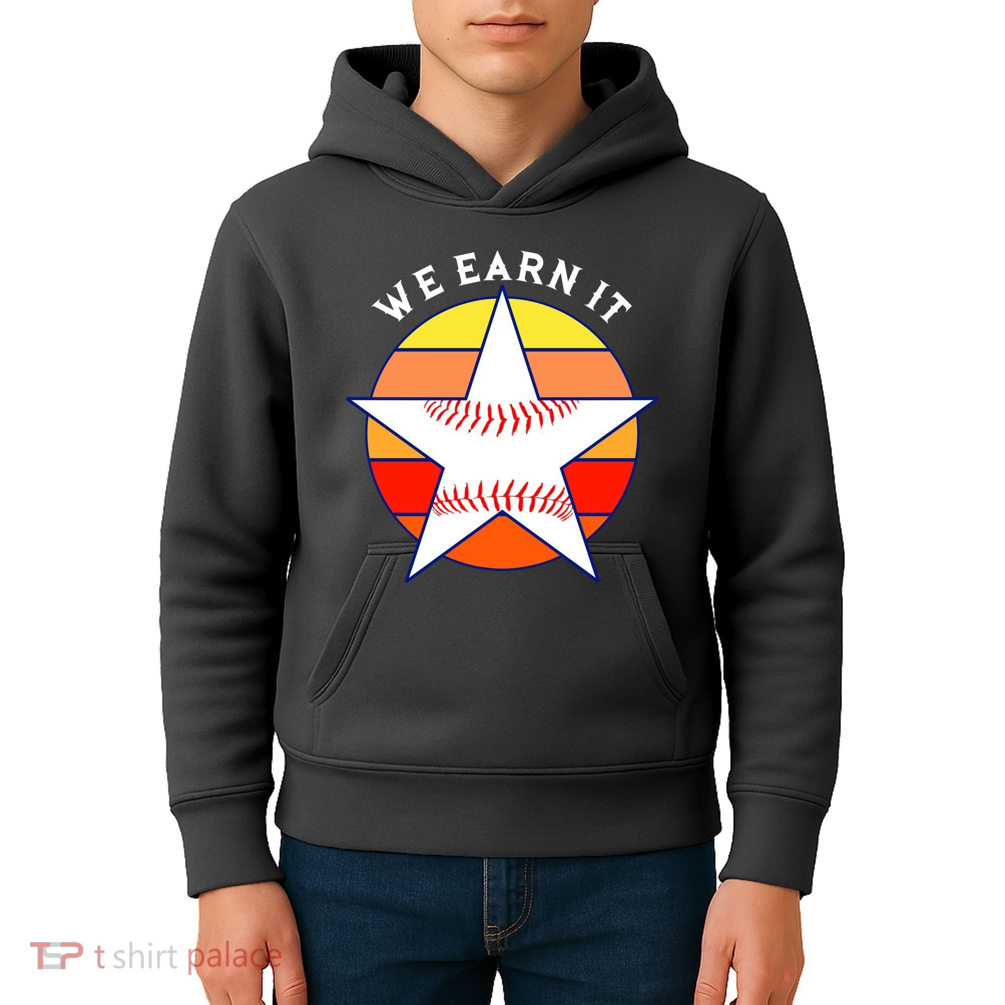 We Earn It Houston Throwback Baseball Star Kids Hoodie
