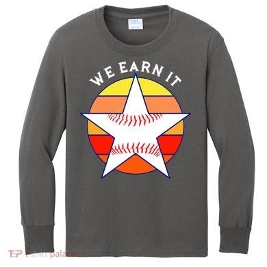 We Earn It Houston Throwback Baseball Star Kids Long Sleeve Shirt