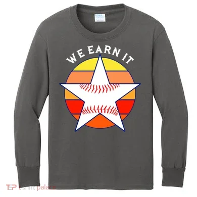 We Earn It Houston Throwback Baseball Star Kids Long Sleeve Shirt