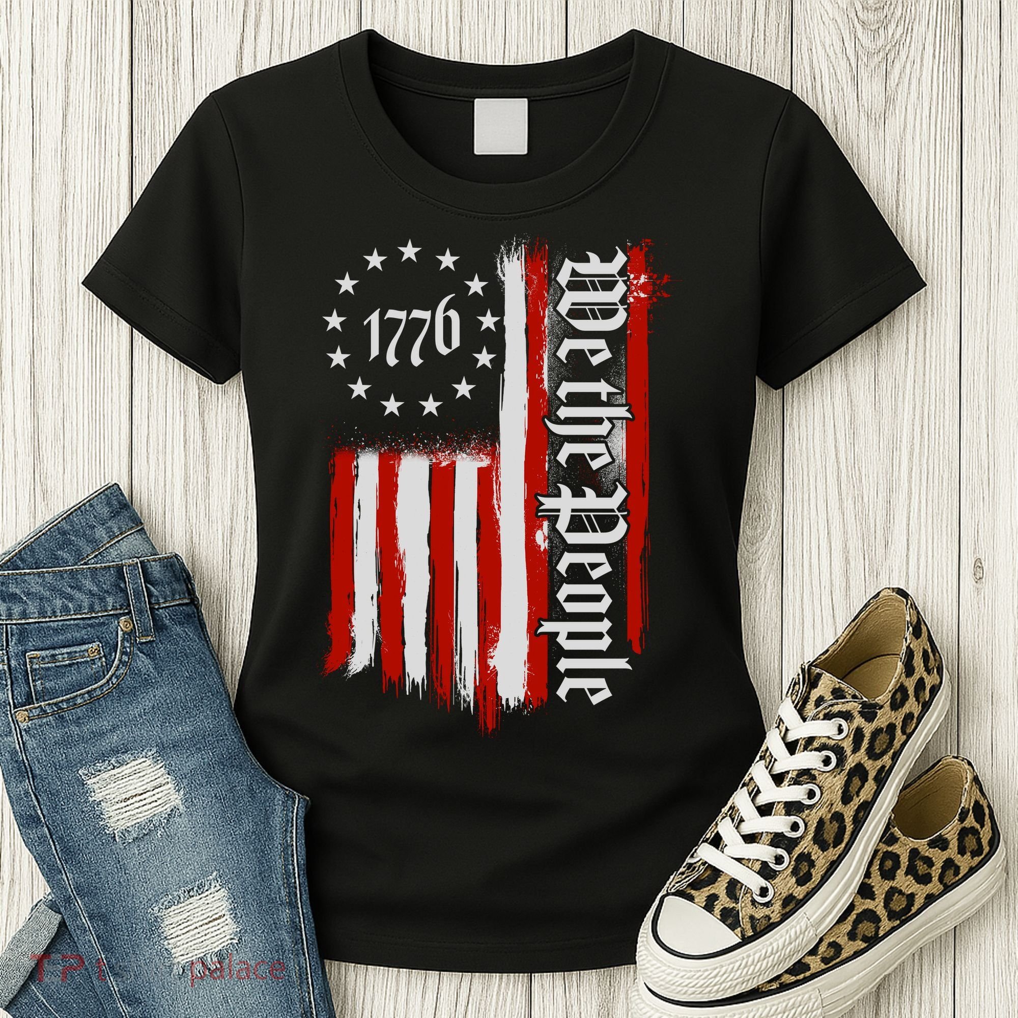 We The People 1776 Distressed USA American Flag Women's T-Shirt