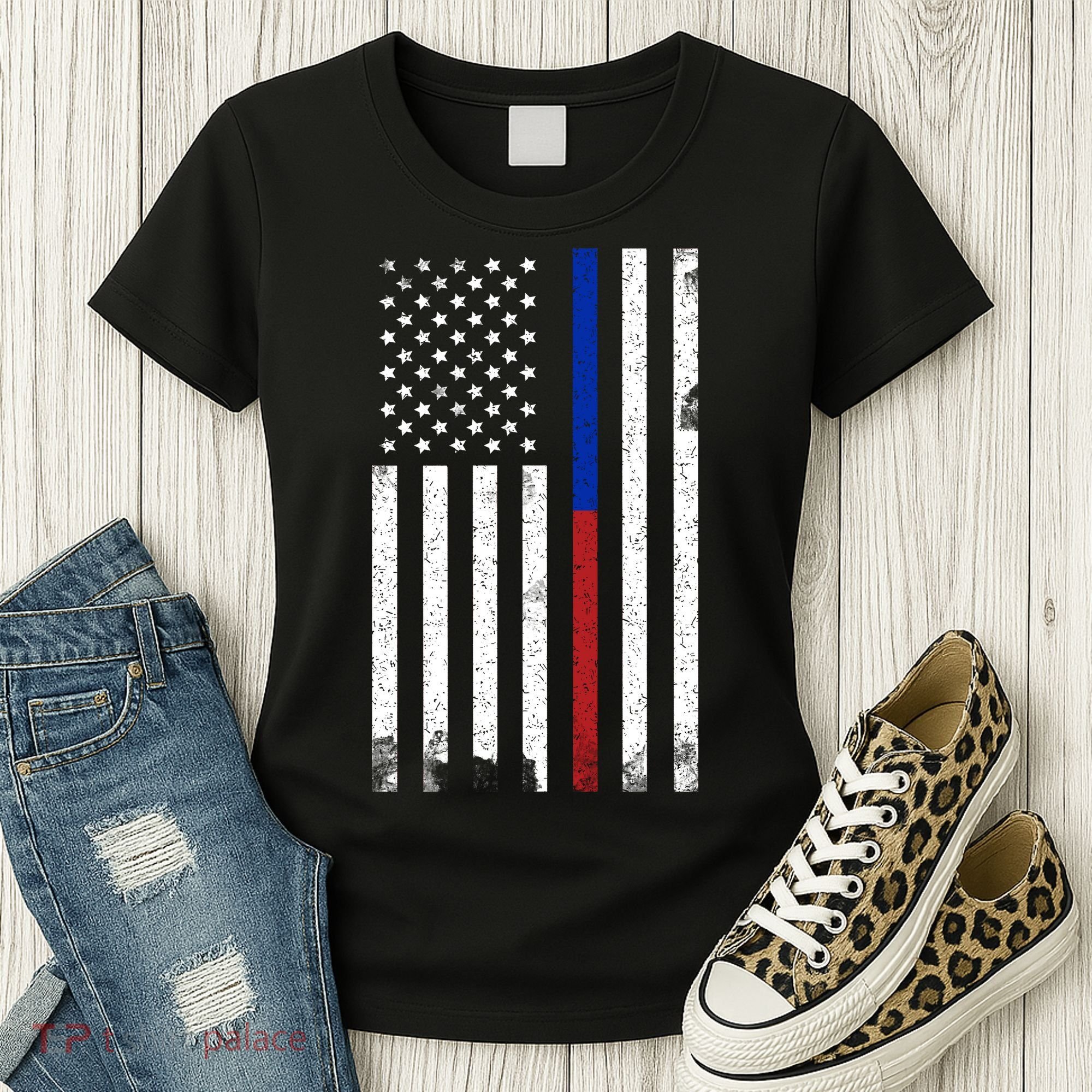 We The People Holsters  American Flag Thin Blue-Red Line Women's T-Shirt