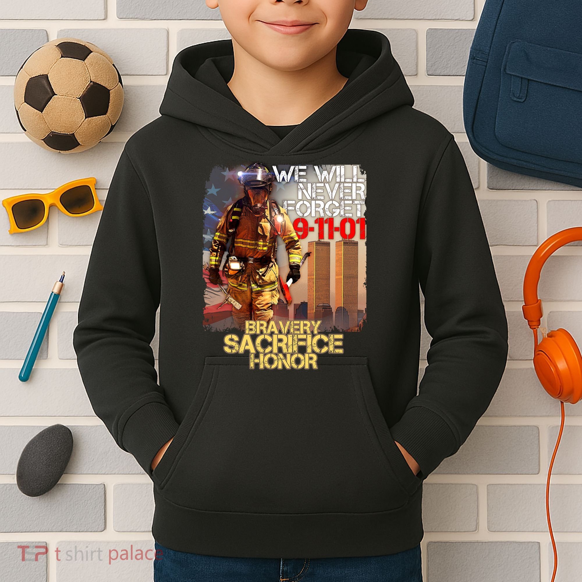 We Will Never Forget Bravery Sacrifice Honor 9-11-01 Kids Hoodie