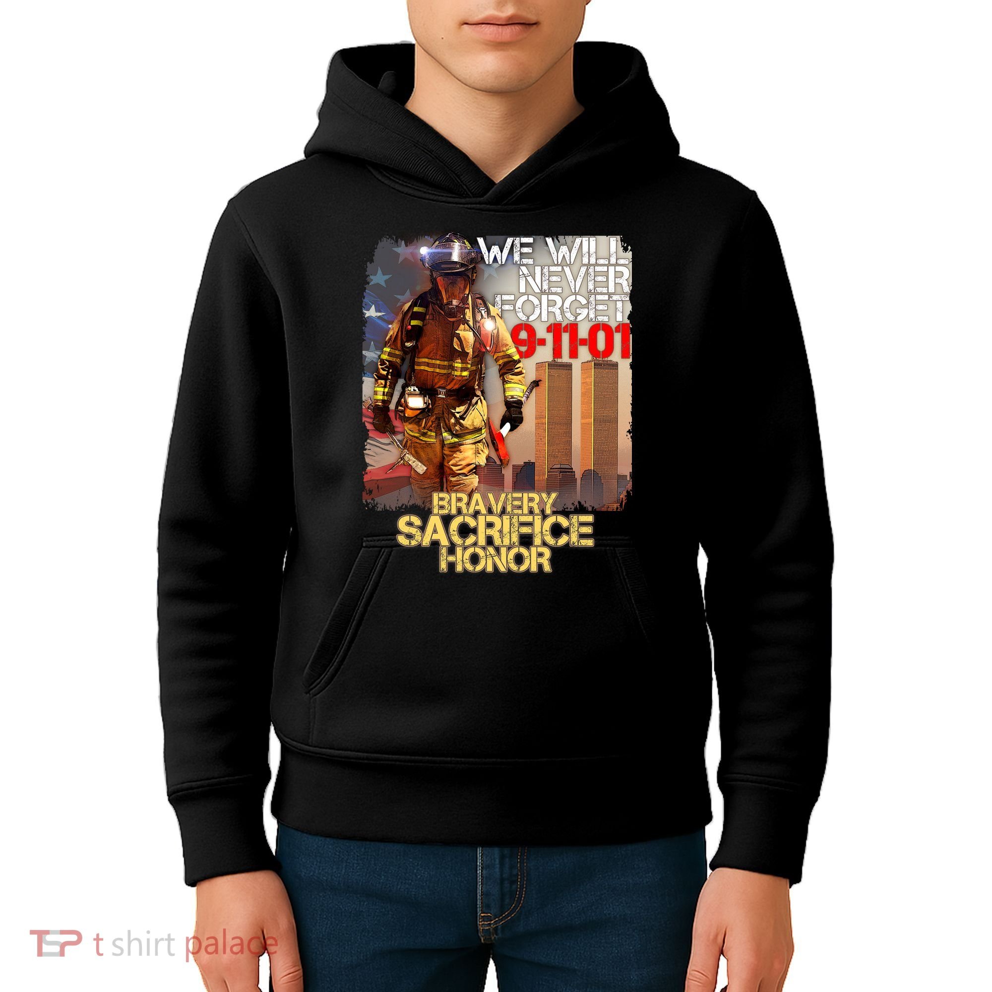 We Will Never Forget Bravery Sacrifice Honor 9-11-01 Kids Hoodie