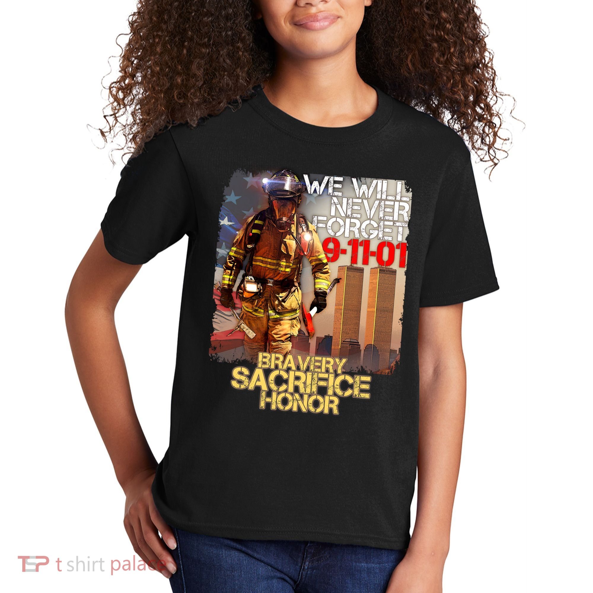 We Will Never Forget Bravery Sacrifice Honor 9-11-01 Kids T-Shirt