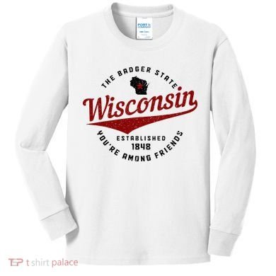 Wisconsin Est. 1848 Badger State Map Pride Vintage Kids Long Sleeve Shirt