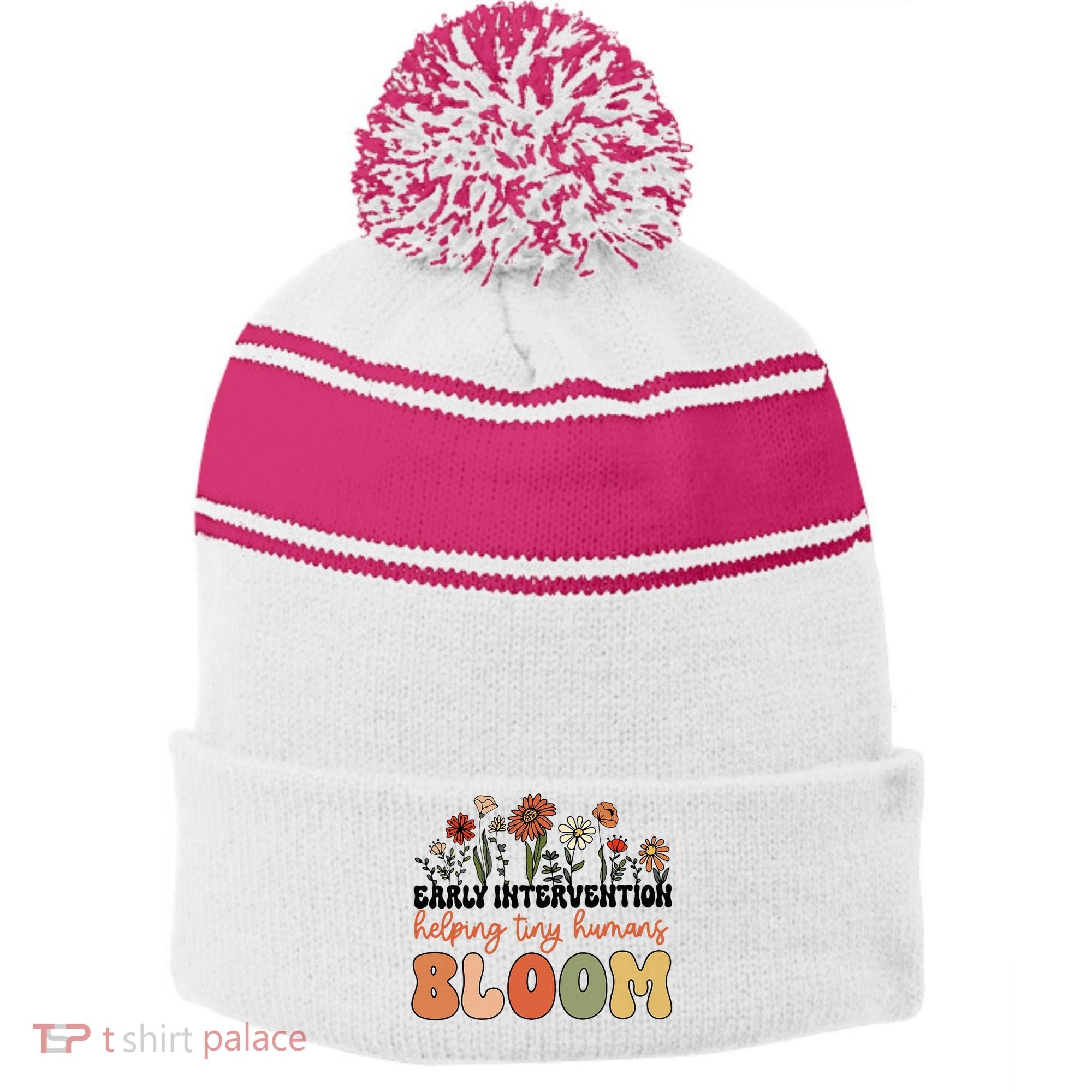 Wildflower Early Intervention Helping Tiny Human Bloom Stripe Pom Pom Beanie