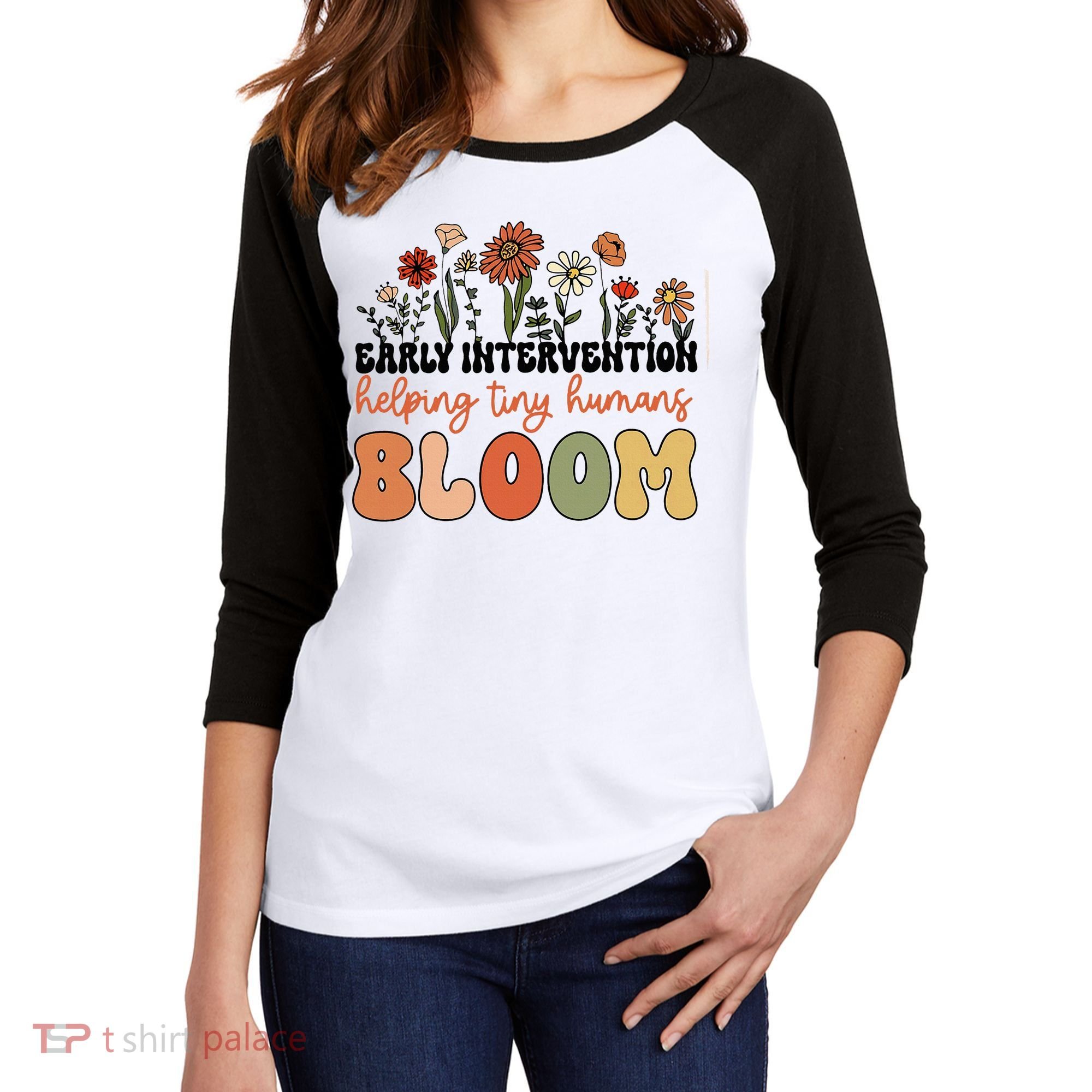 Wildflower Early Intervention Helping Tiny Human Bloom Women's Tri-Blend 3/4-Sleeve Raglan Shirt
