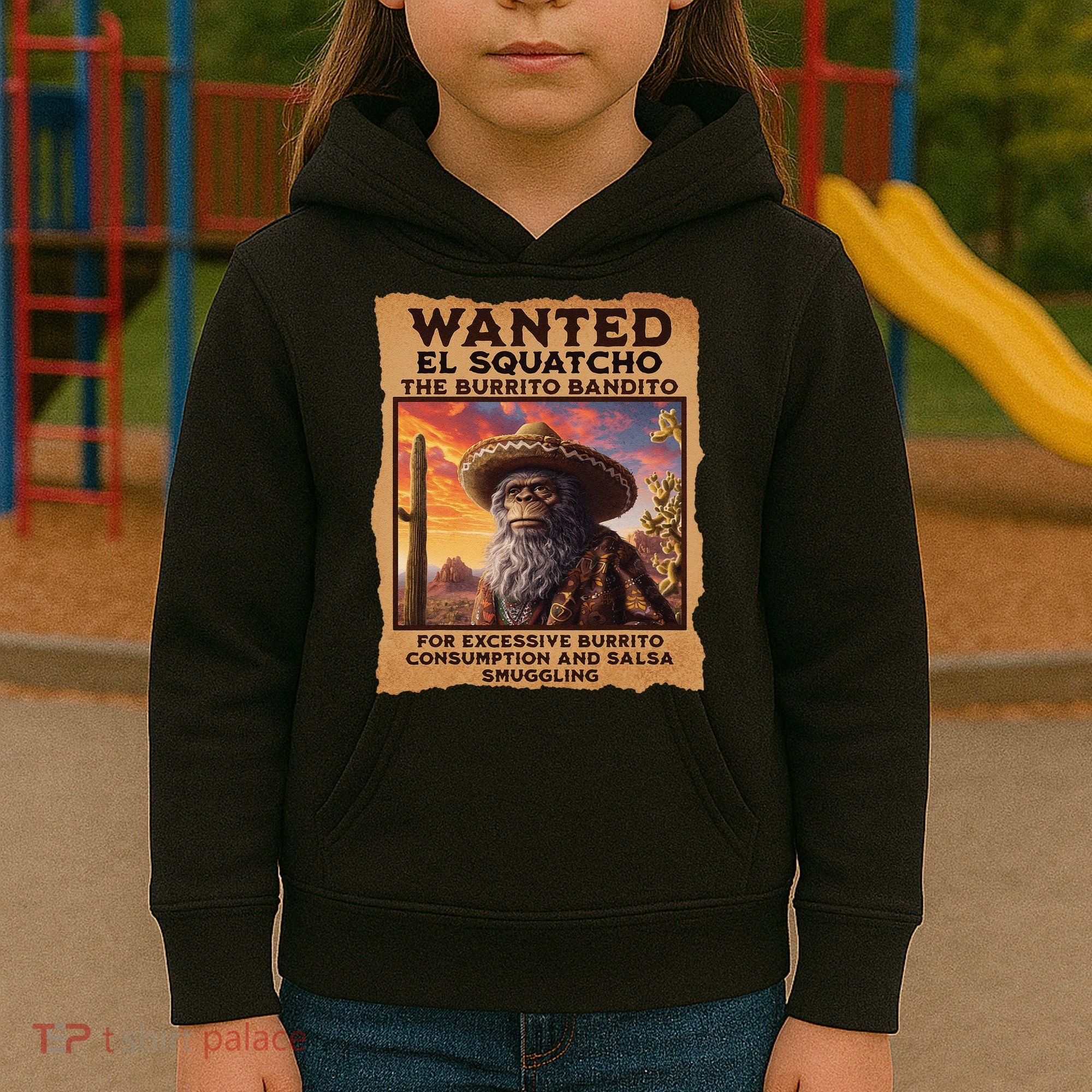 Wanted El Squatcho Wanted Poster Bigfoot And Sasquatch Gift Kids Hoodie