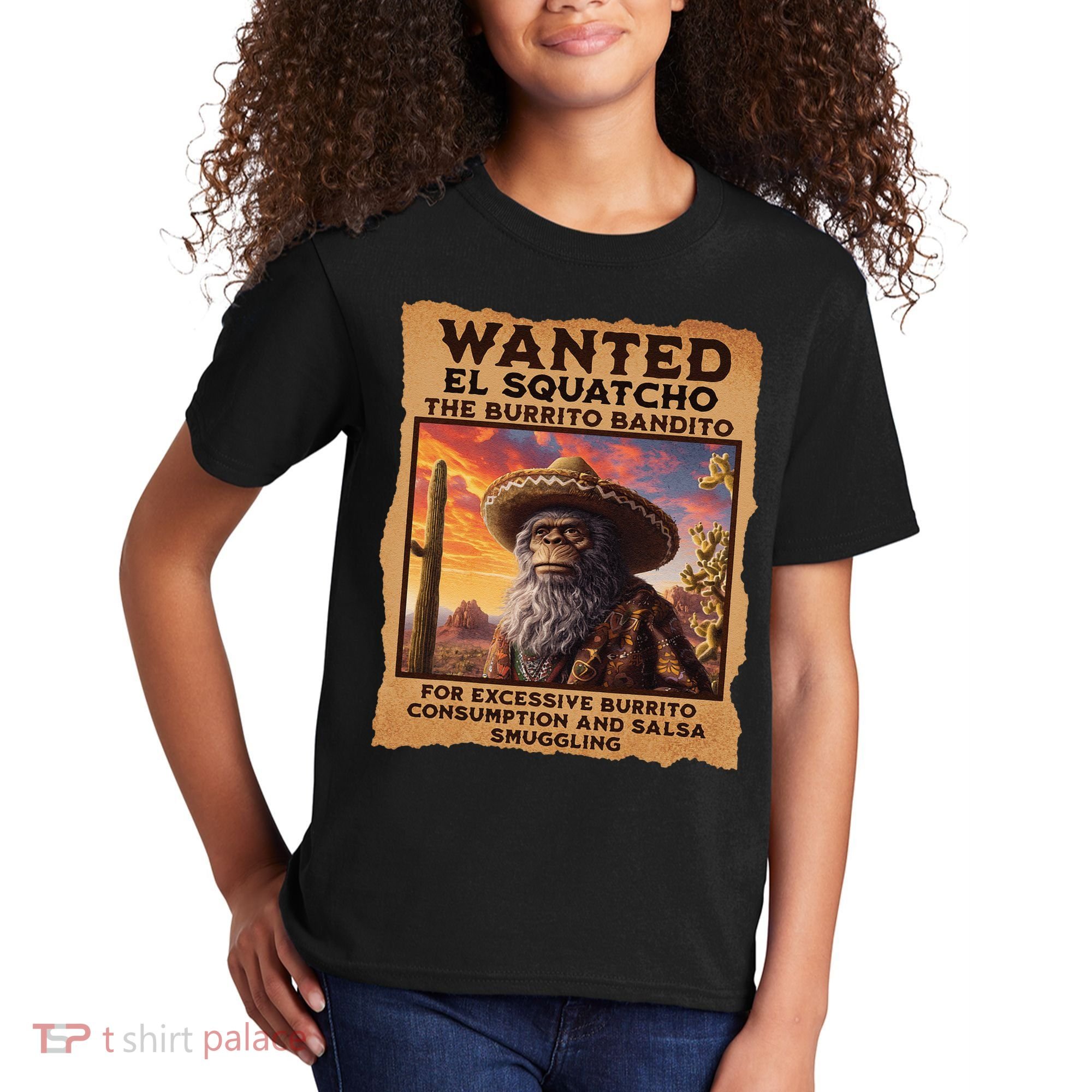 Wanted El Squatcho Wanted Poster Bigfoot And Sasquatch Gift Kids T-Shirt