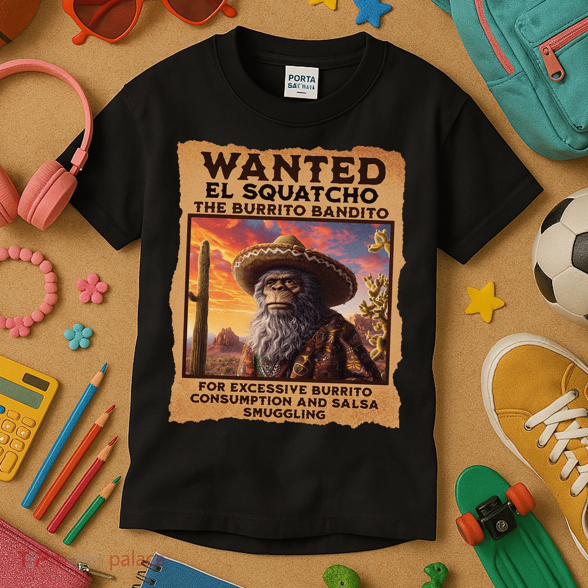 Wanted El Squatcho Wanted Poster Bigfoot And Sasquatch Gift Kids T-Shirt