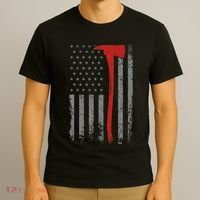 Wildland Firefighter Axe American Flag Thin Red Line Fireman T-Shirt thumb 3