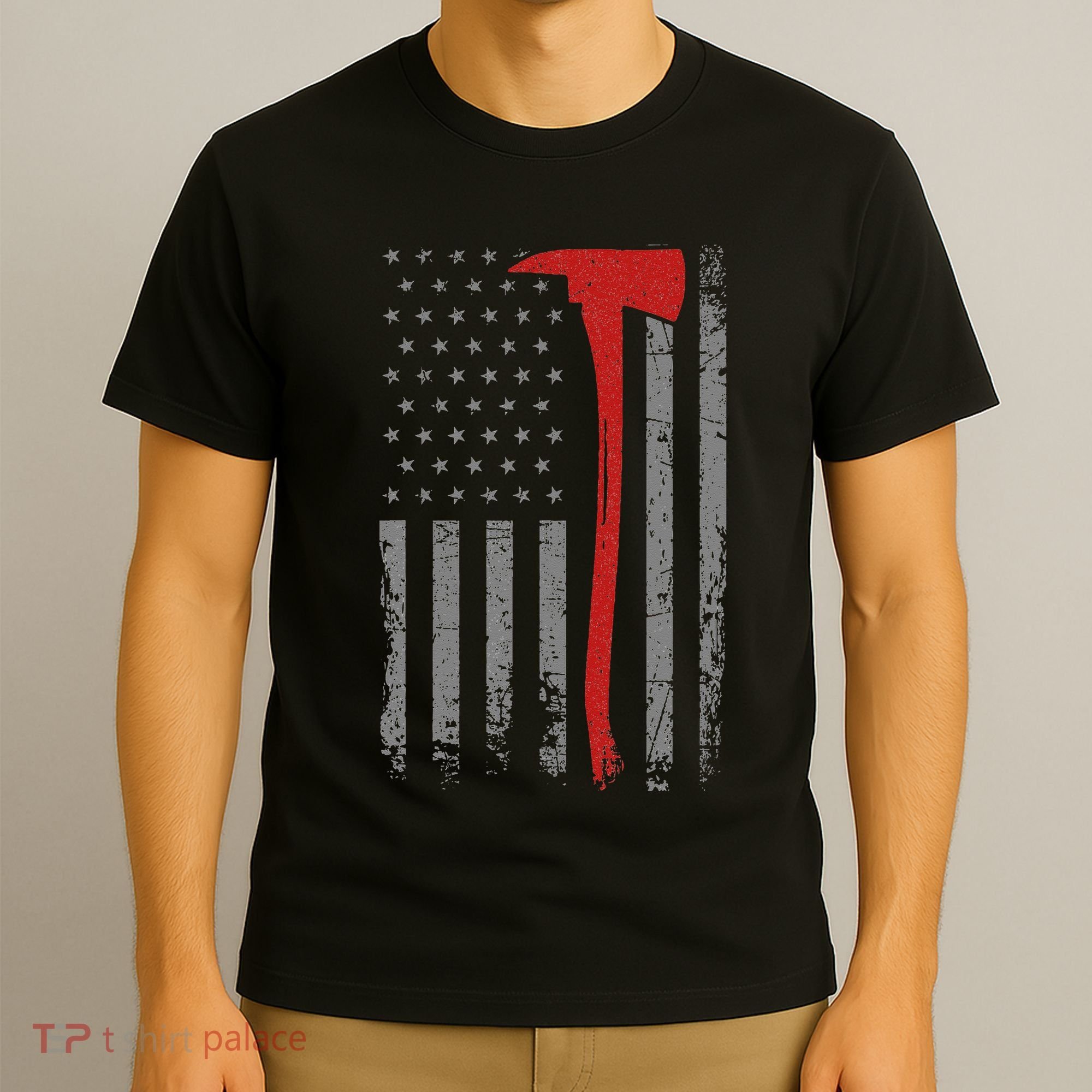 Wildland Firefighter Axe American Flag Thin Red Line Fireman T-Shirt
