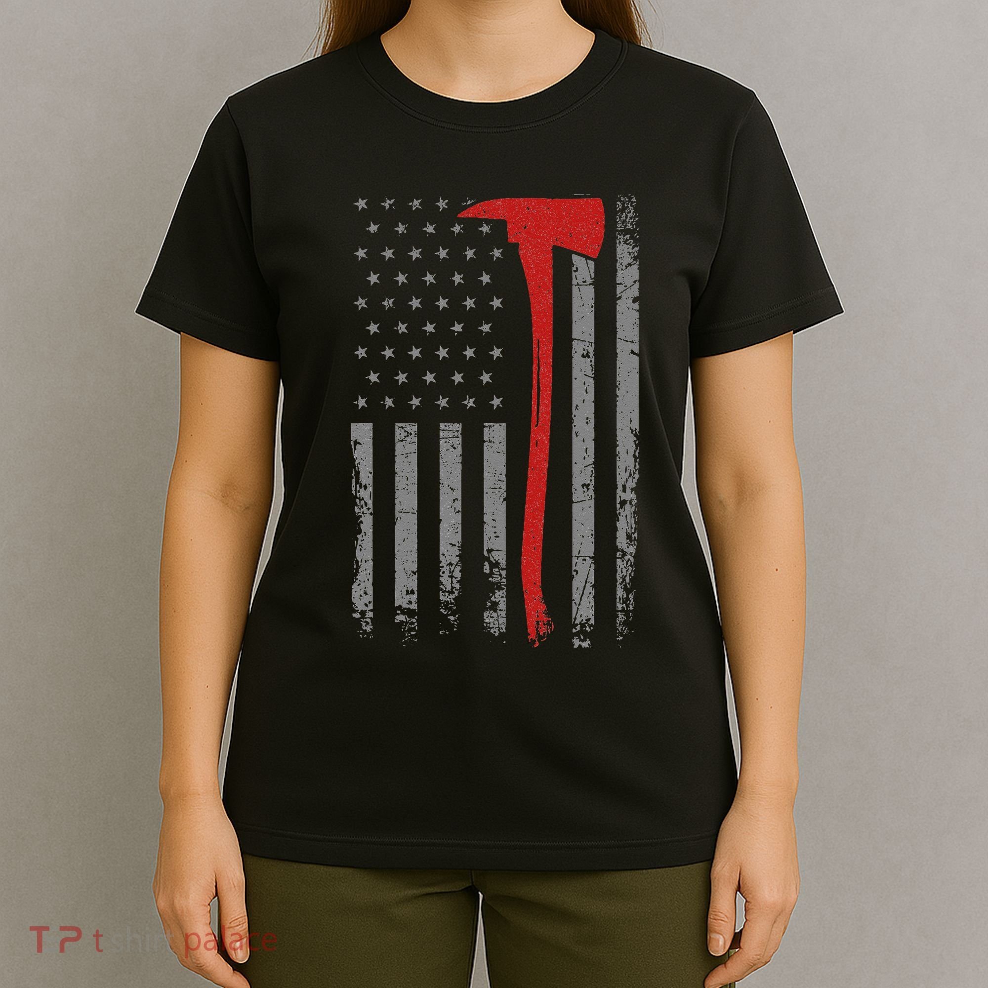 Wildland Firefighter Axe American Flag Thin Red Line Fireman T-Shirt
