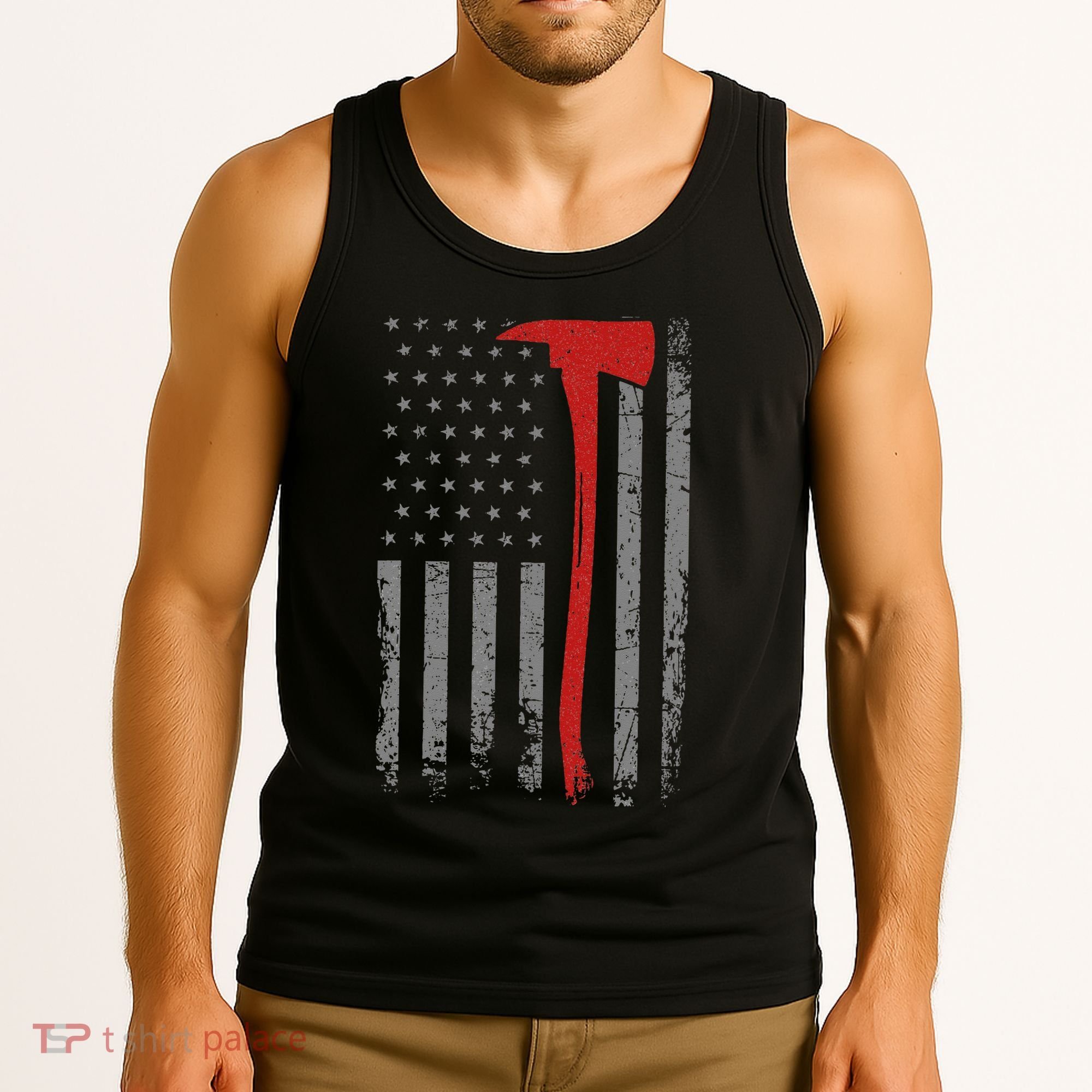 Wildland Firefighter Axe American Flag Thin Red Line Fireman Tank Top