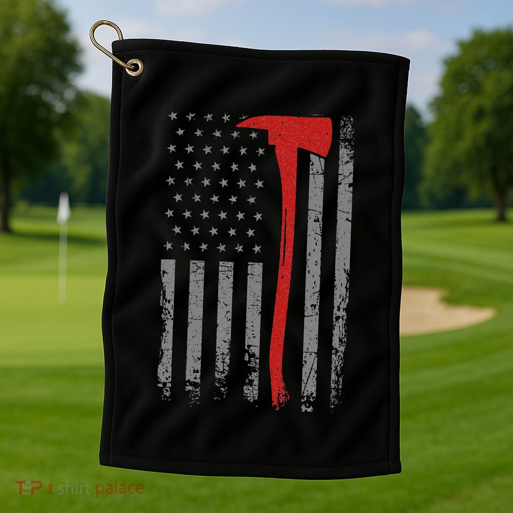 Wildland Firefighter Axe American Flag Thin Red Line Fireman Golf Towel