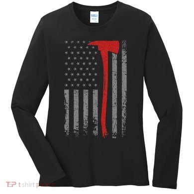 Wildland Firefighter Axe American Flag Thin Red Line Fireman Women's Long Sleeve Shirt
