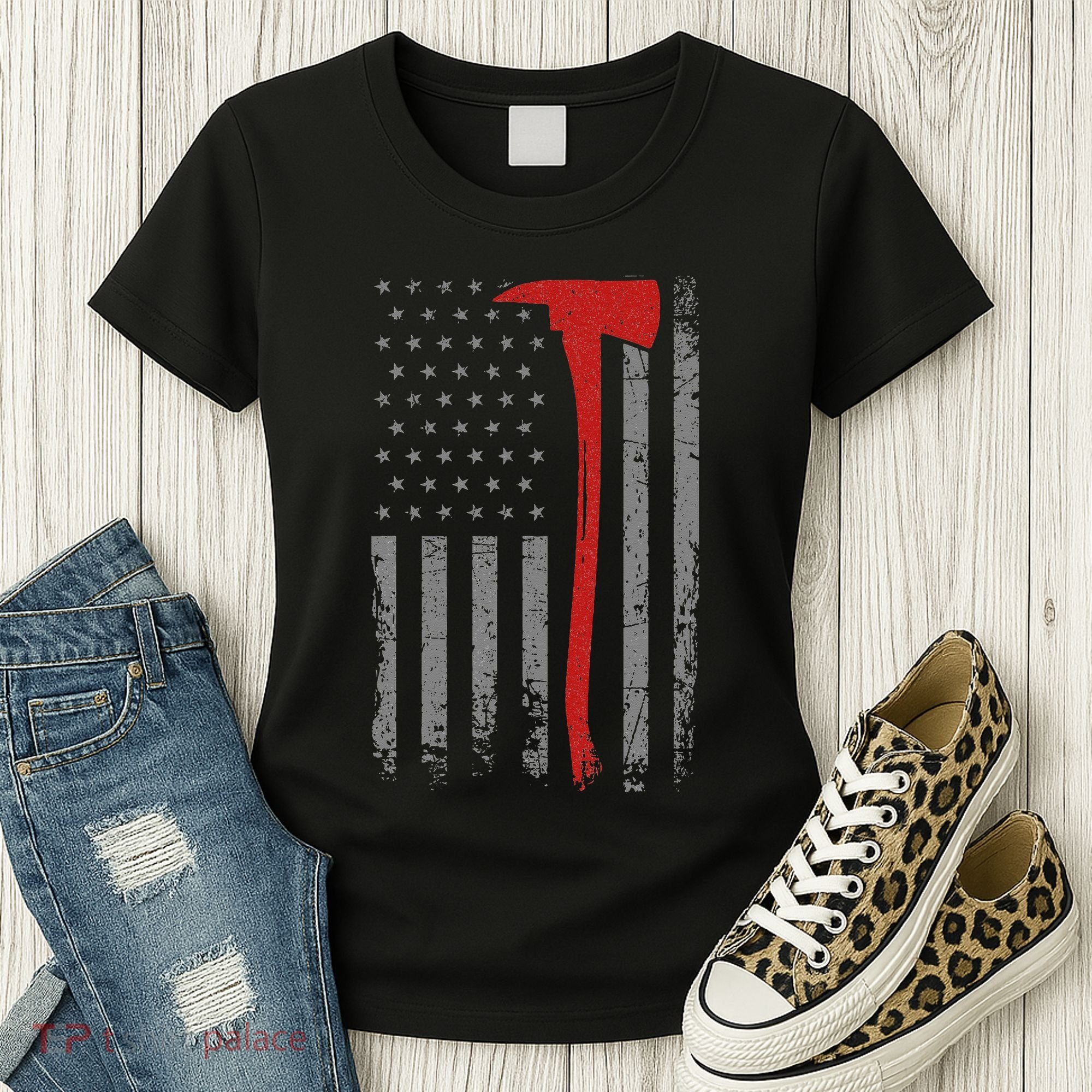 Wildland Firefighter Axe American Flag Thin Red Line Fireman Women's T-Shirt