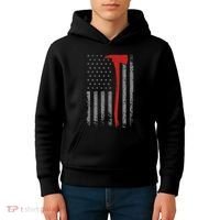 Wildland Firefighter Axe American Flag Thin Red Line Fireman Kids Hoodie thumb 4