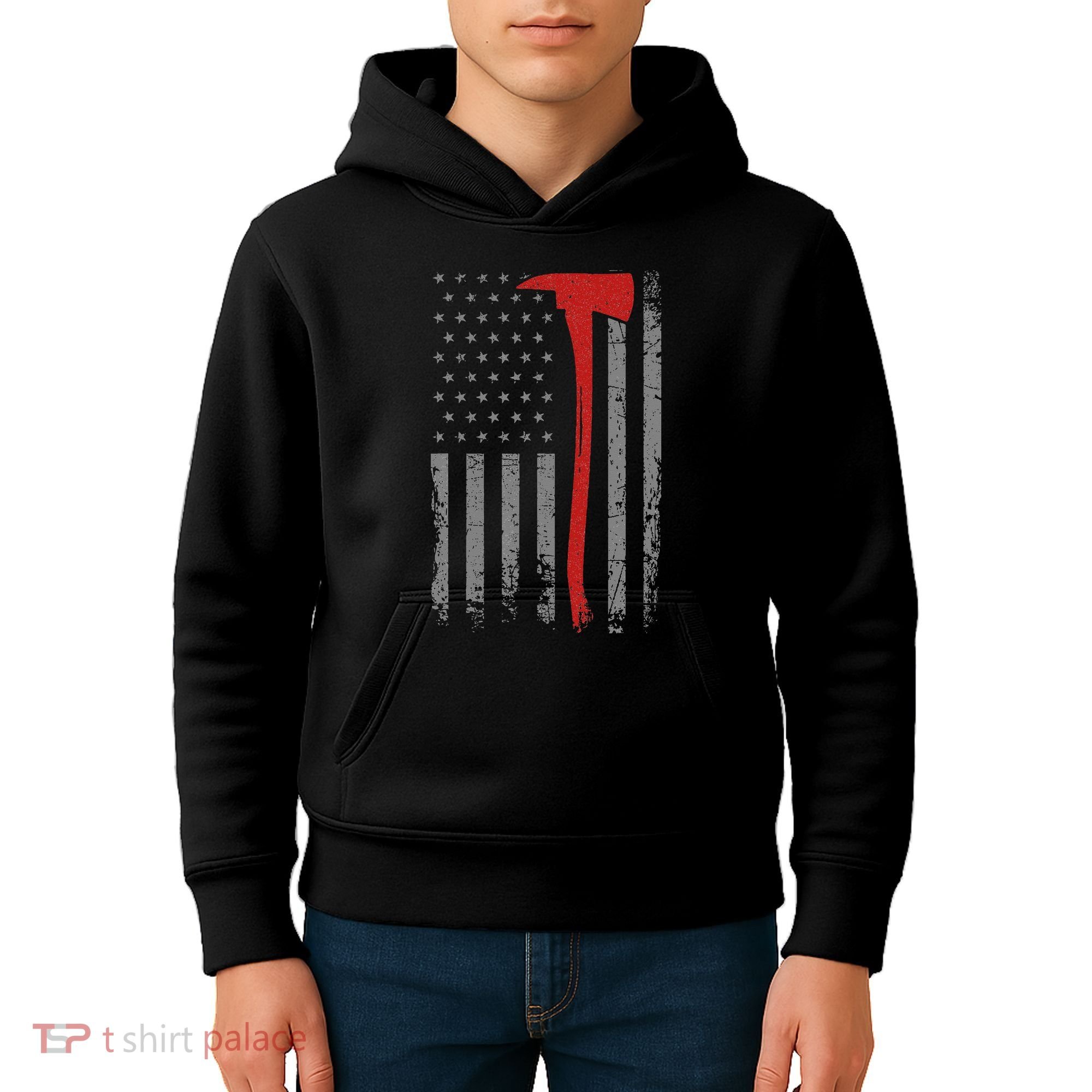 Wildland Firefighter Axe American Flag Thin Red Line Fireman Kids Hoodie