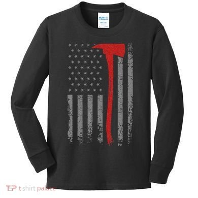 Wildland Firefighter Axe American Flag Thin Red Line Fireman Kids Long Sleeve Shirt