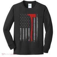 Wildland Firefighter Axe American Flag Thin Red Line Fireman Kids Long Sleeve Shirt thumb 0