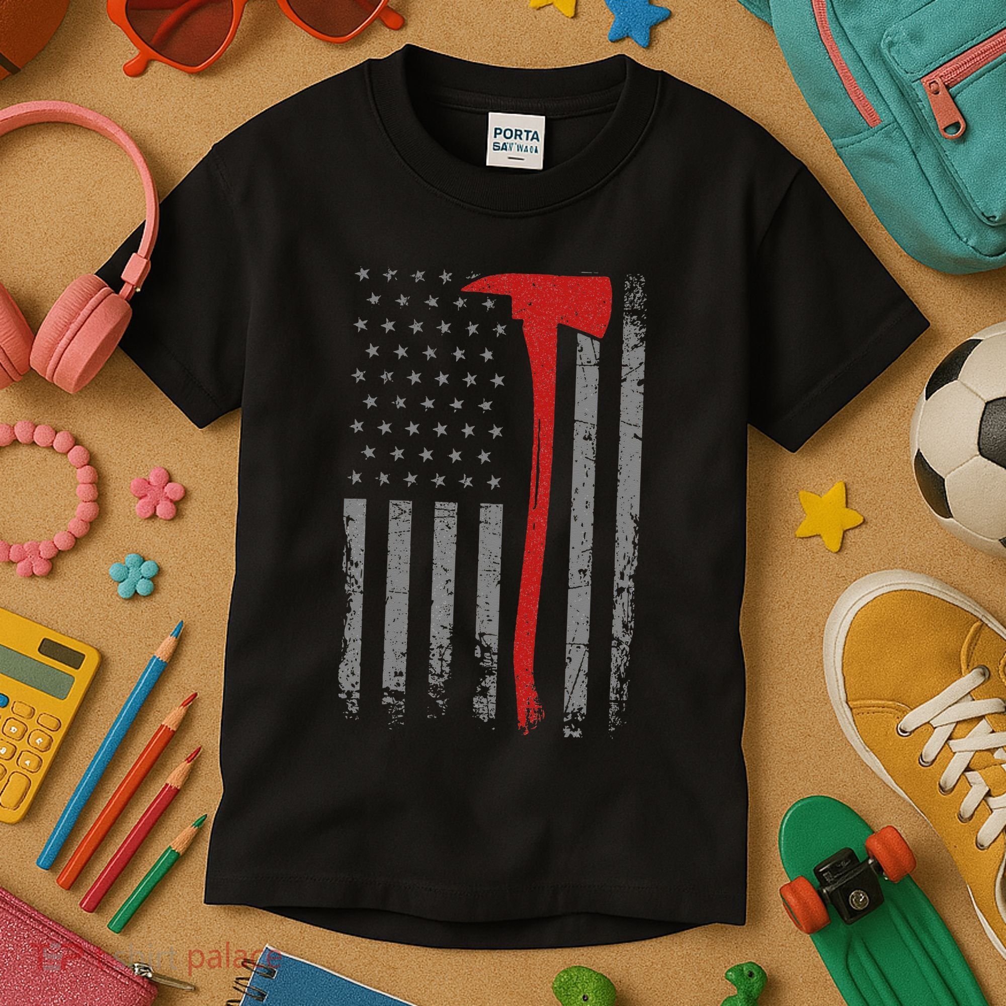 Wildland Firefighter Axe American Flag Thin Red Line Fireman Kids T-Shirt