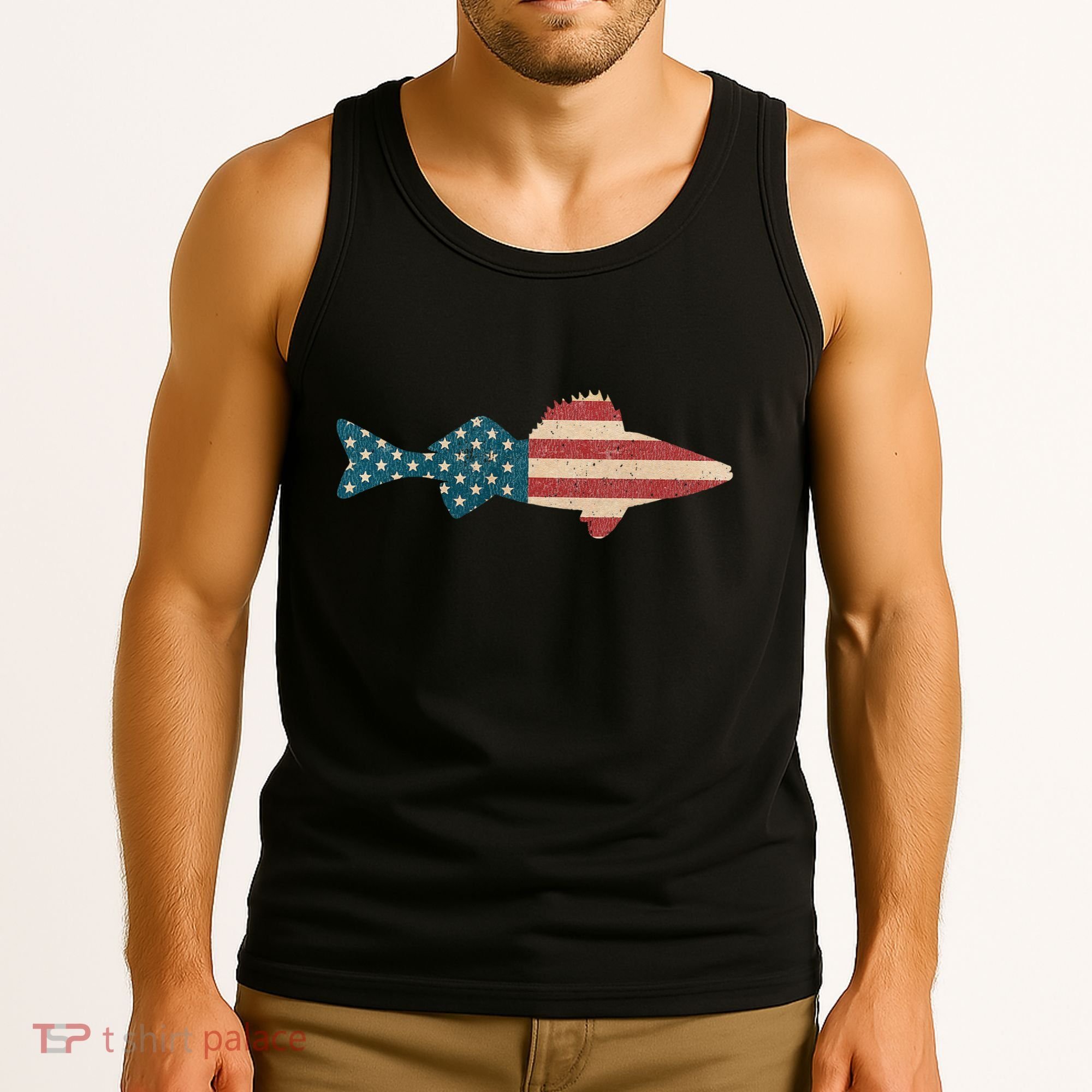 Walleye Fishing American Flag Sauger Angling Tank Top