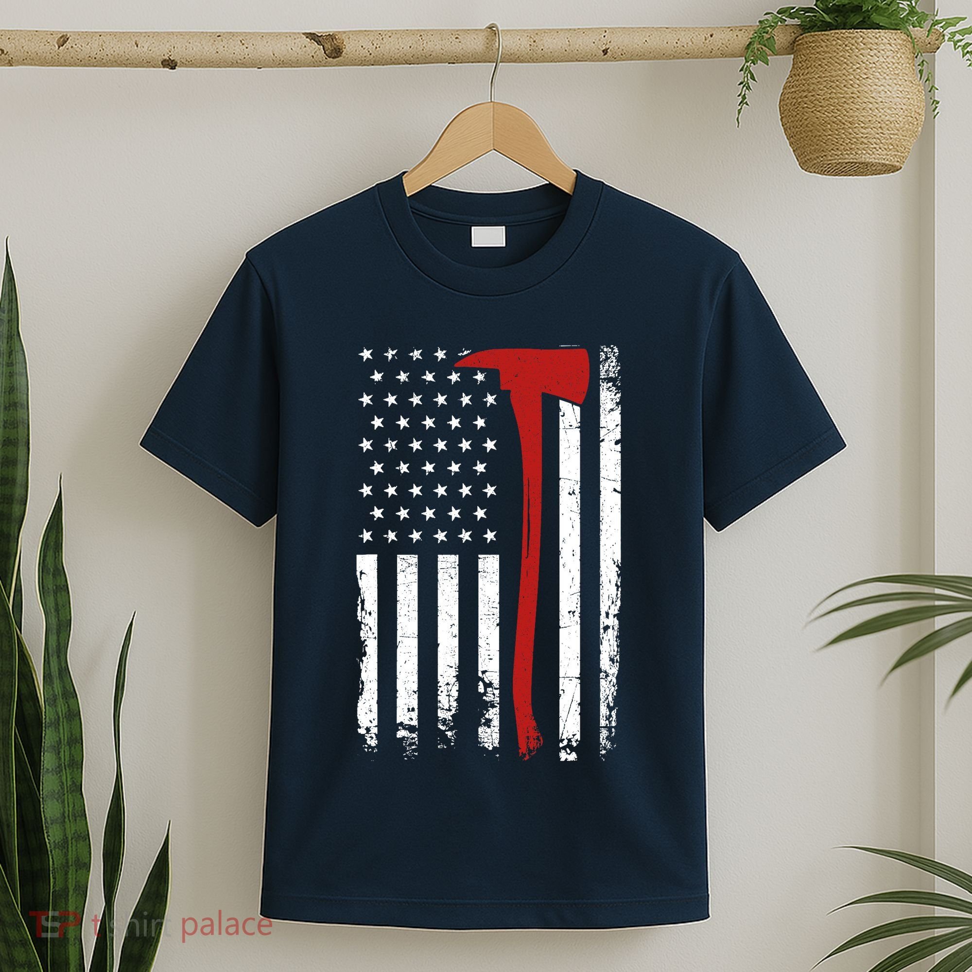 Wildland Firefighter Axe American Flag Thin Red Line Fireman T-Shirt