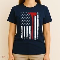Wildland Firefighter Axe American Flag Thin Red Line Fireman T-Shirt thumb 4