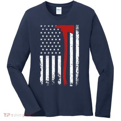 Wildland Firefighter Axe American Flag Thin Red Line Fireman Women's Long Sleeve Shirt