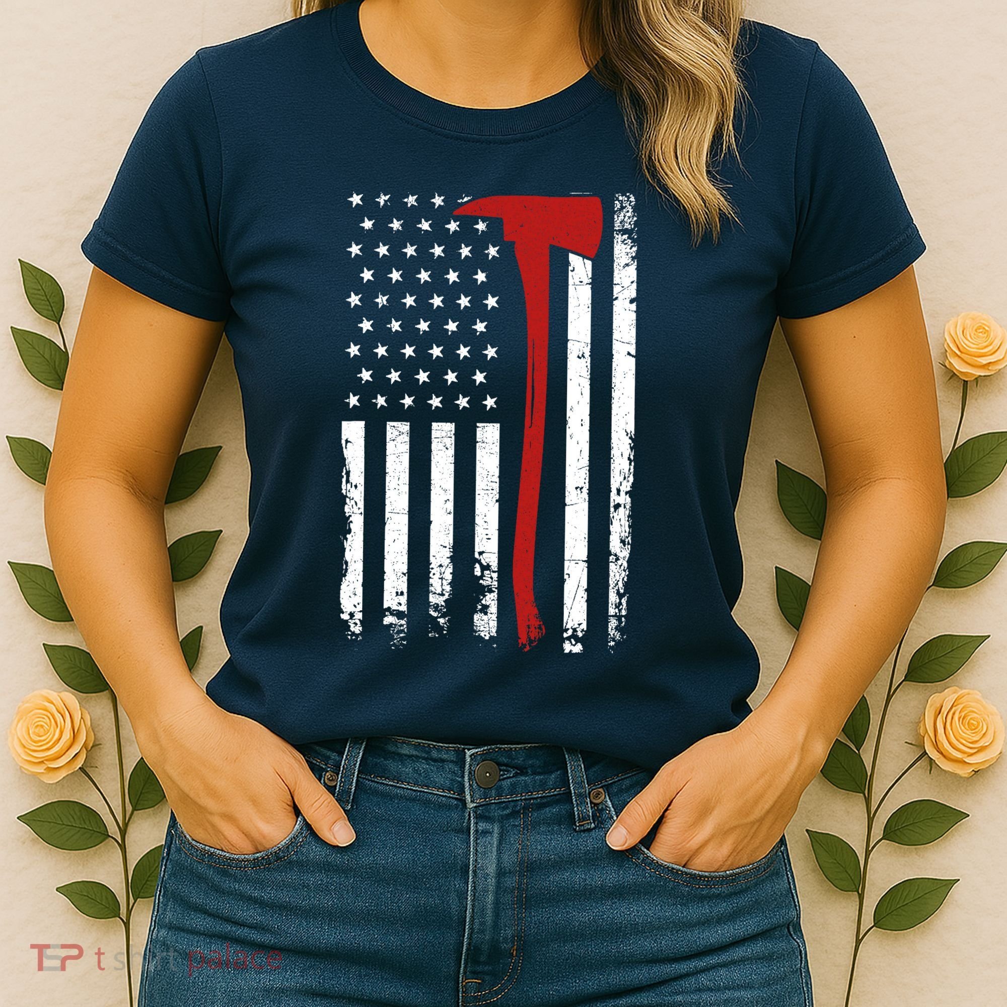 Wildland Firefighter Axe American Flag Thin Red Line Fireman Women's T-Shirt