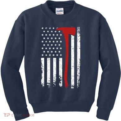 Wildland Firefighter Axe American Flag Thin Red Line Fireman Kids Sweatshirt