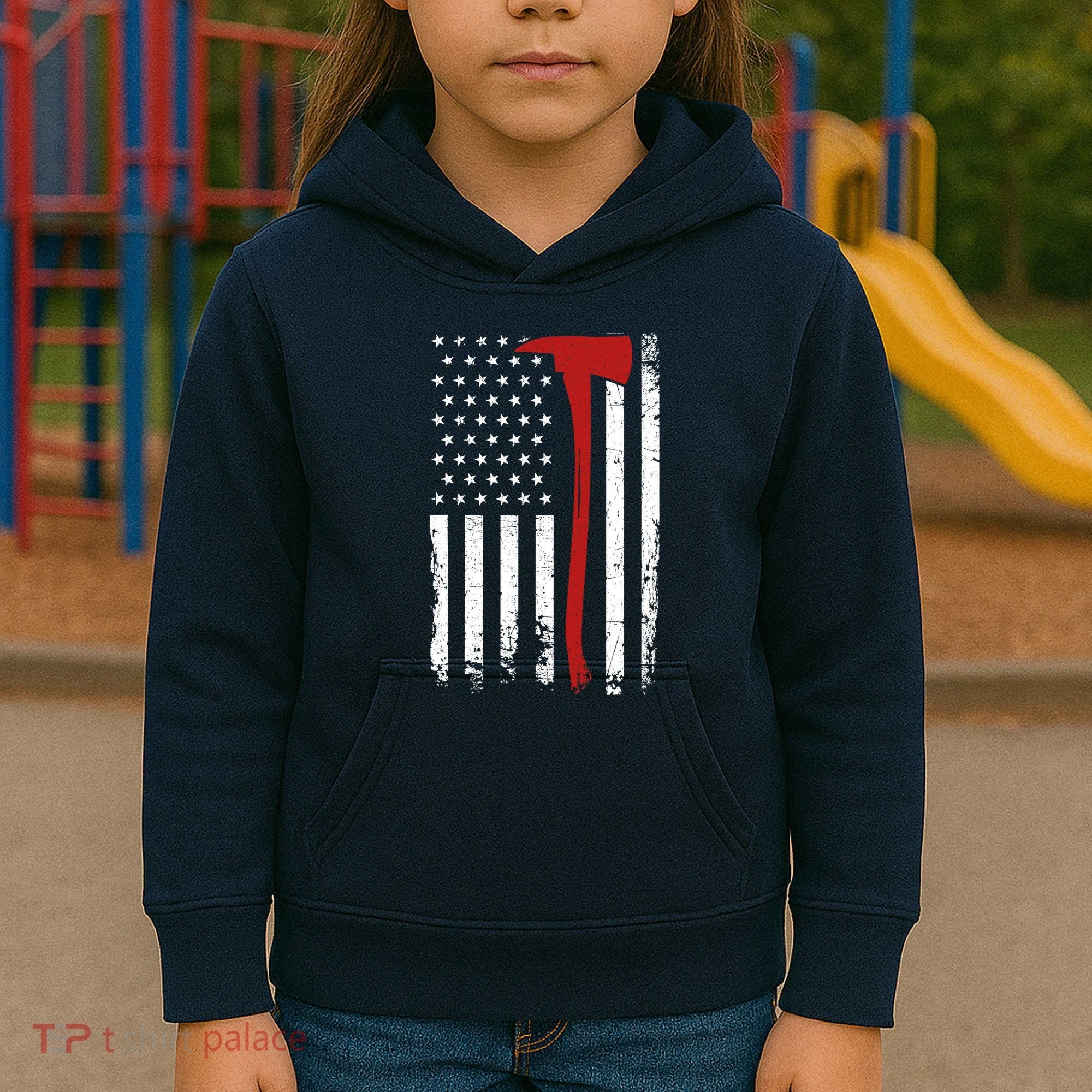 Wildland Firefighter Axe American Flag Thin Red Line Fireman Kids Hoodie