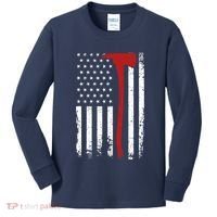 Wildland Firefighter Axe American Flag Thin Red Line Fireman Kids Long Sleeve Shirt thumb 0