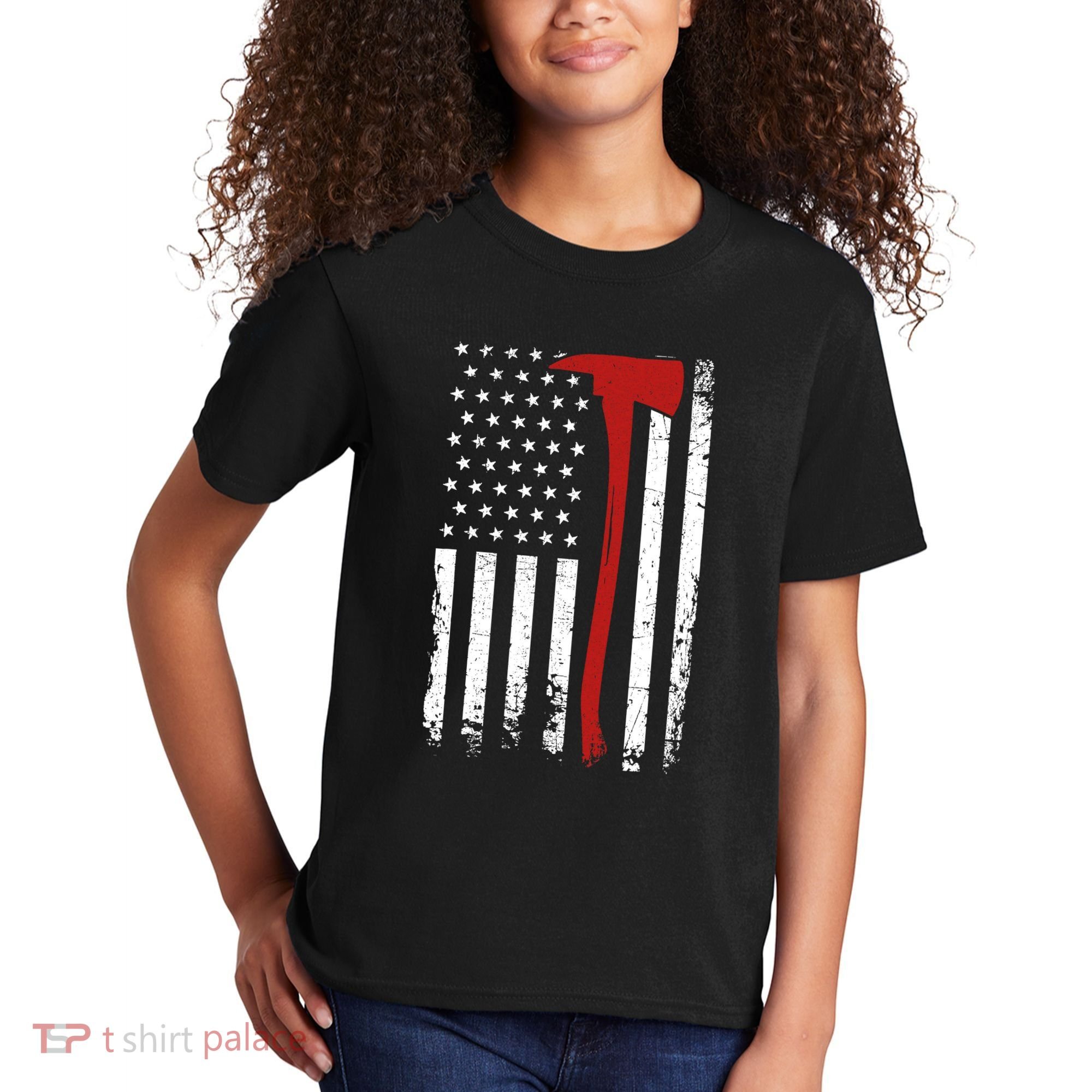 Wildland Firefighter Axe American Flag Thin Red Line Fireman Kids T-Shirt