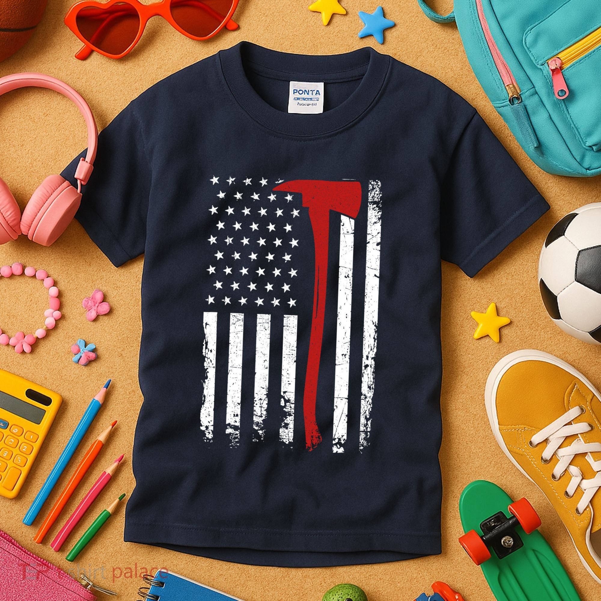 Wildland Firefighter Axe American Flag Thin Red Line Fireman Kids T-Shirt